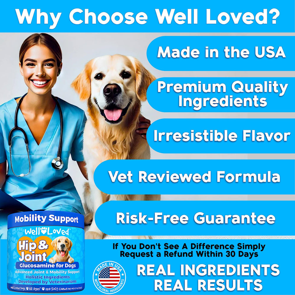Well Loved Glucosamina para perros: hecho en Estados Unidos con control de calidad veterinario.