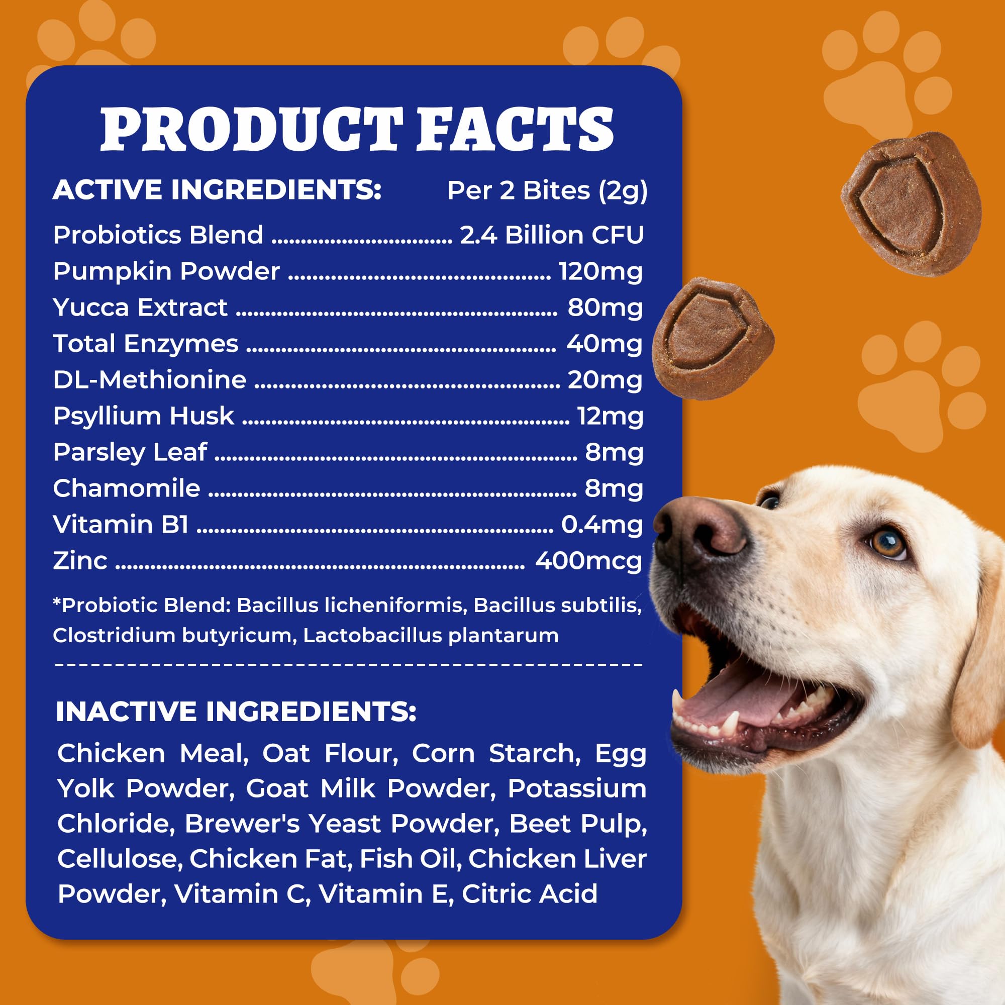 Wellix 260 Bites weight-based dosing chart for different dog sizes.