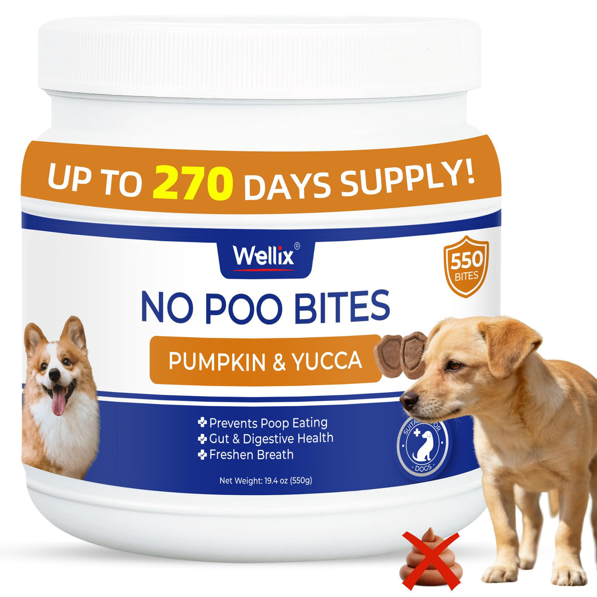 Wellix 550 Bites: deterrente coprofagia para perros, reduce interés en heces de forma natural