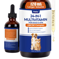 Wellix suplemento líquido 24 en 1, bote para dosis diaria de mascotas.