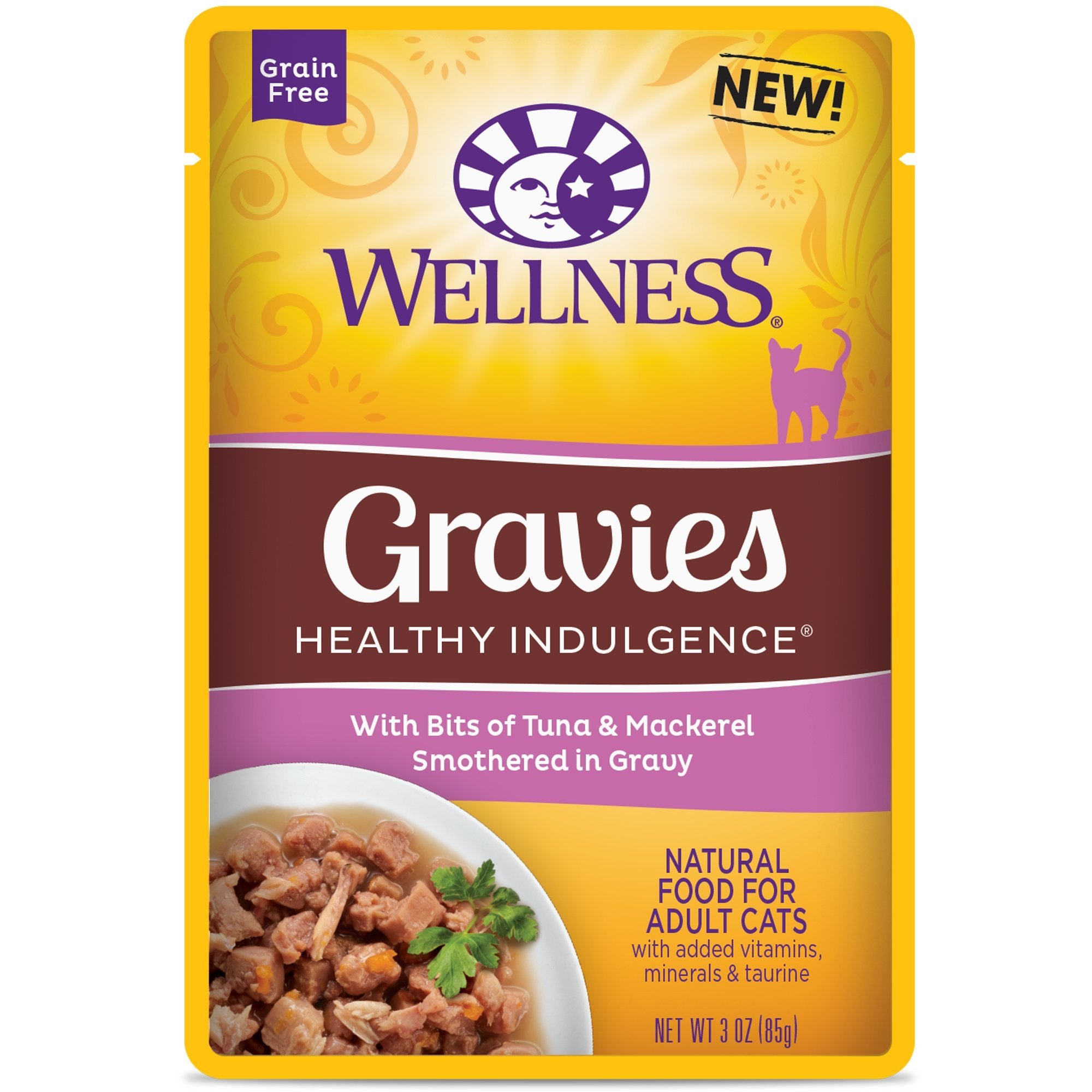 Wellness alimento húmedo para gatos con atún y caballa en salsa, ideal para hidratación diaria.