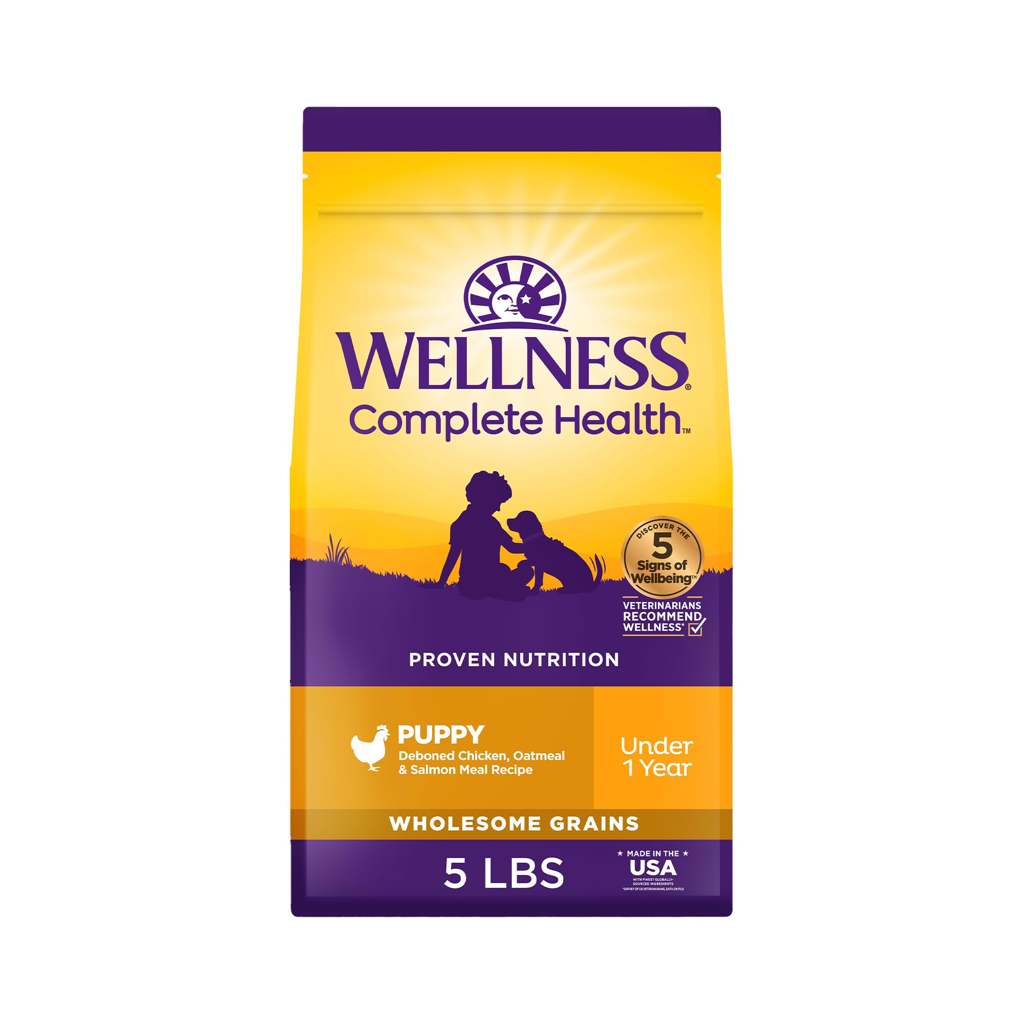 Wellness alimento seco para cachorros, empaque visible para conservar frescura.
