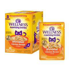 Wellness Appetizing Entrées bolsa pollo desmenuzado, fuente proteica para gatos adultos.