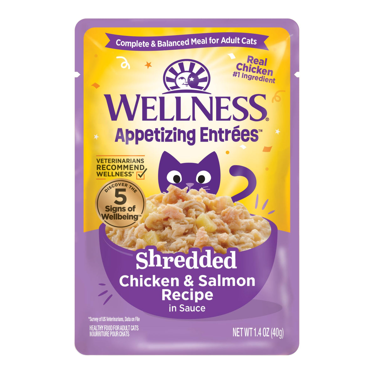 Wellness Appetizing Entrées bolsa-pollo-salmon: proteína real para gatos adultos.