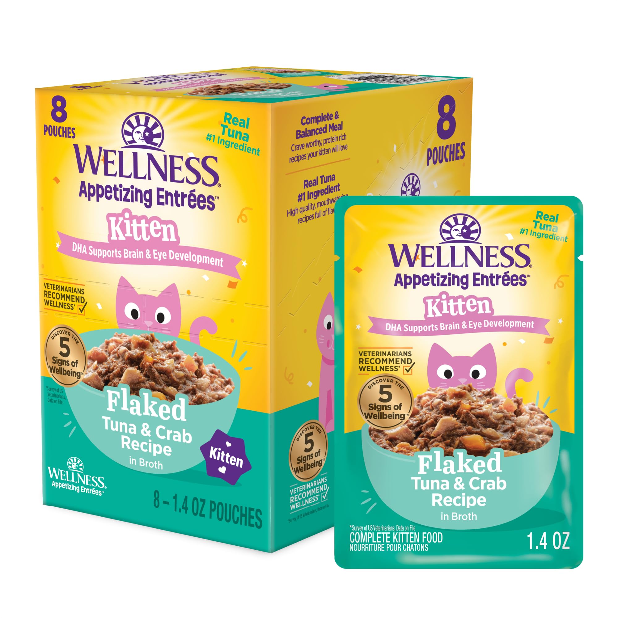 Wellness Appetizing Entrées gatito con atún y cangrejo en sobre, delicioso y hidratante.