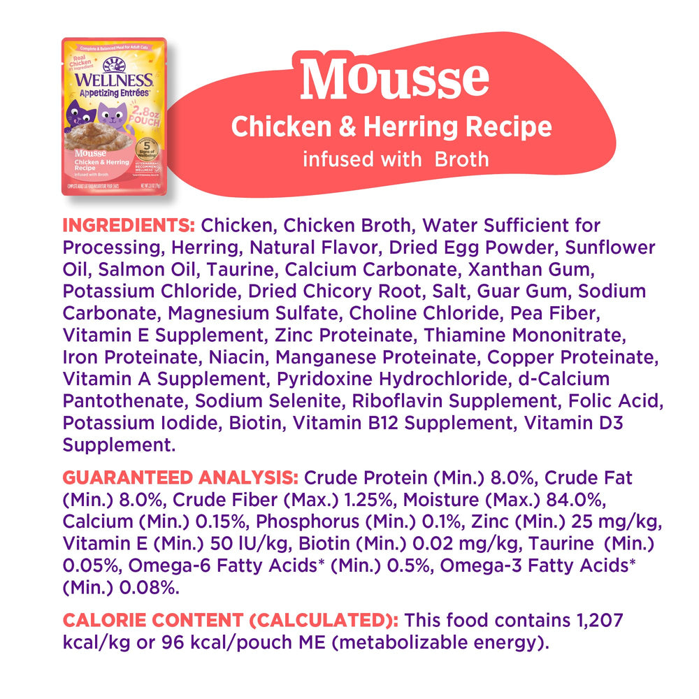 Wellness Appetizing Entrées Mousse: pollo-arenque, sabor natural para gatos.