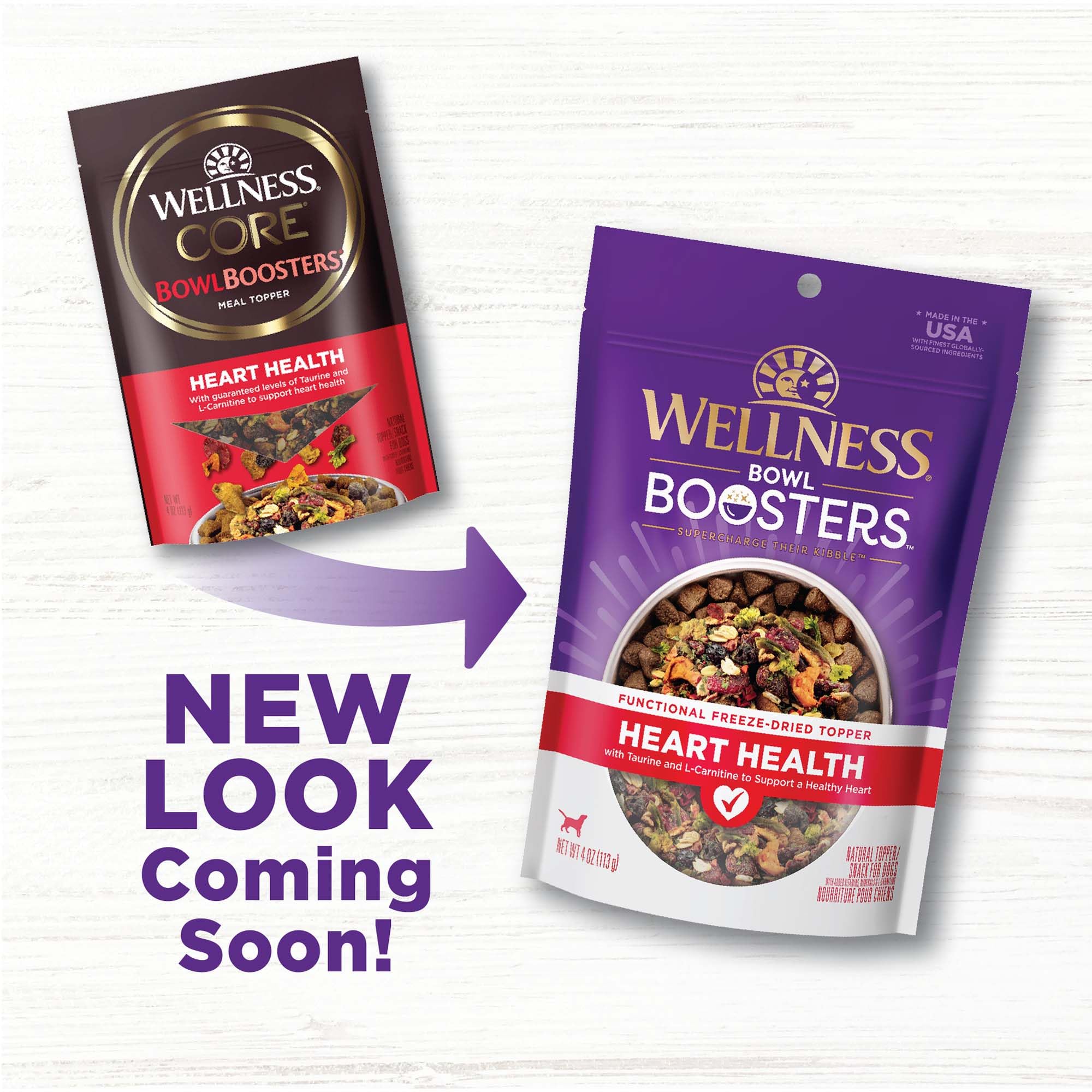 Ingredientes de Wellness Bowl Boosters con pollo, frutas y verduras para palatabilidad.