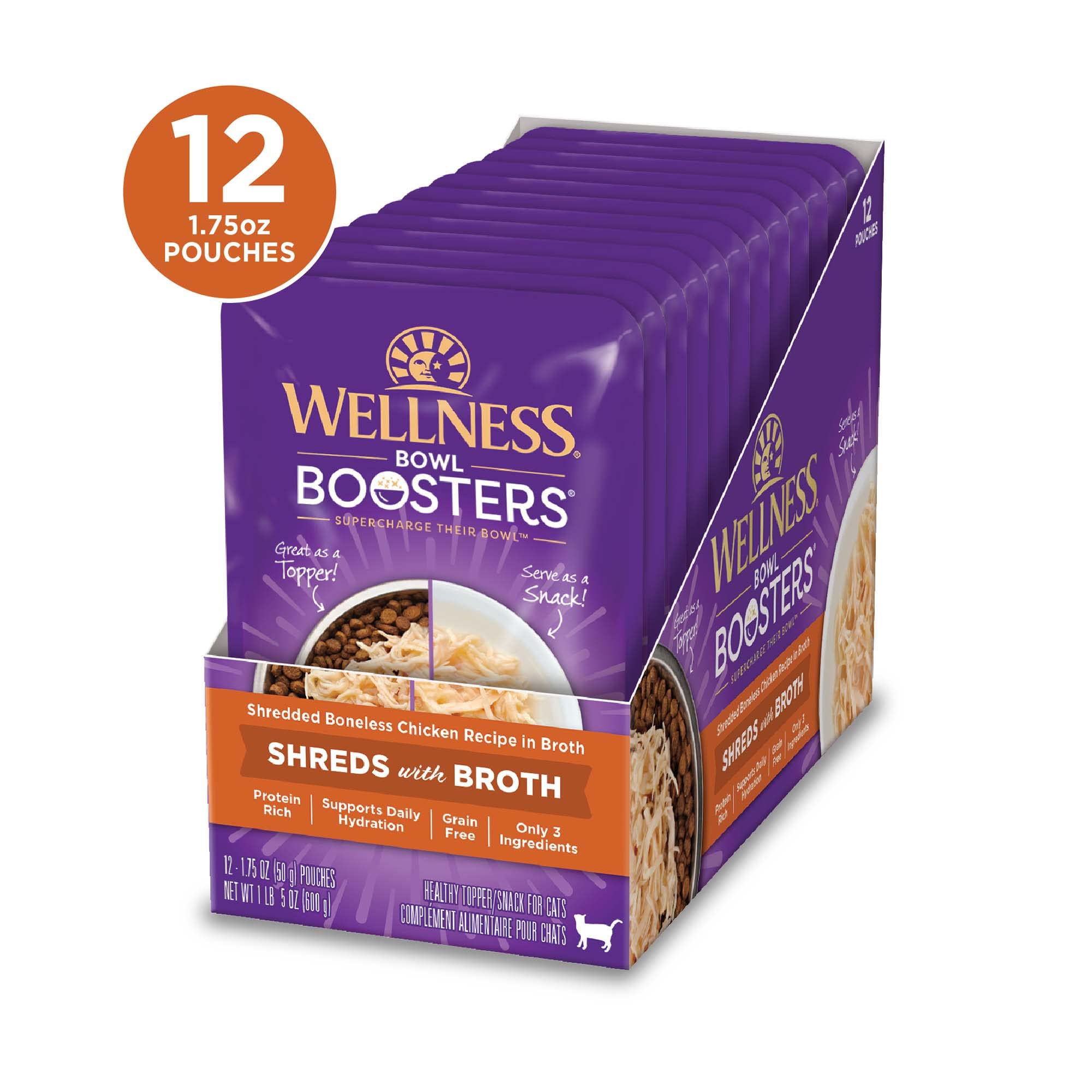 Wellness Bowl Boosters pollo deshilachado en caldo sabroso.