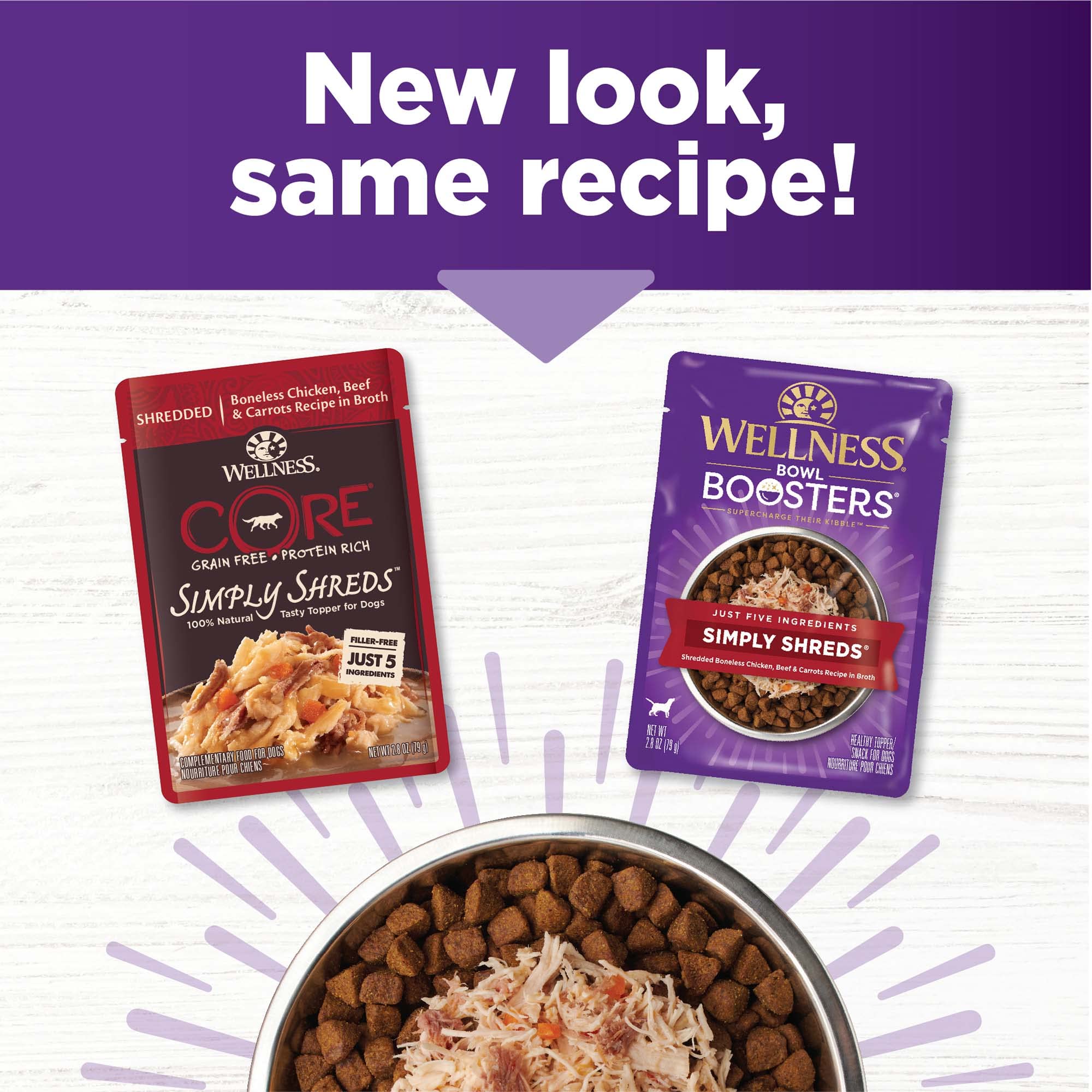 Wellness Bowl Boosters Simply Shreds, sin cereales, opción apta para dietas sensibles.