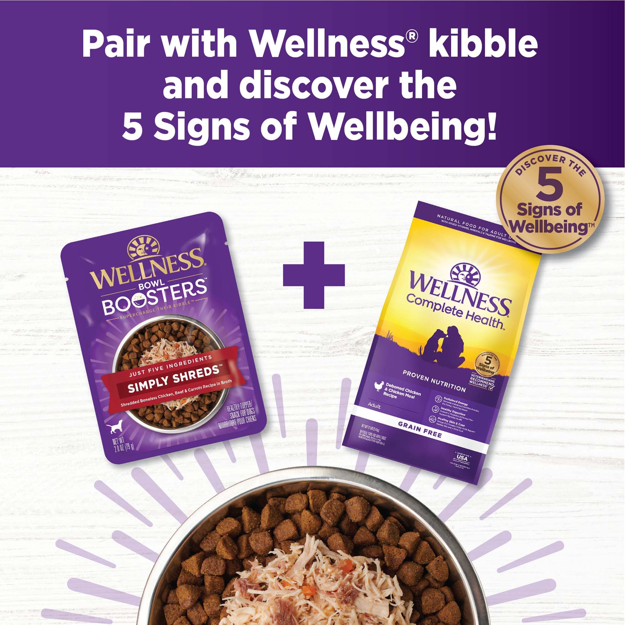 Wellness Bowl Boosters Simply Shreds, variedad Wellness para necesidades específicas, opciones sin grano.