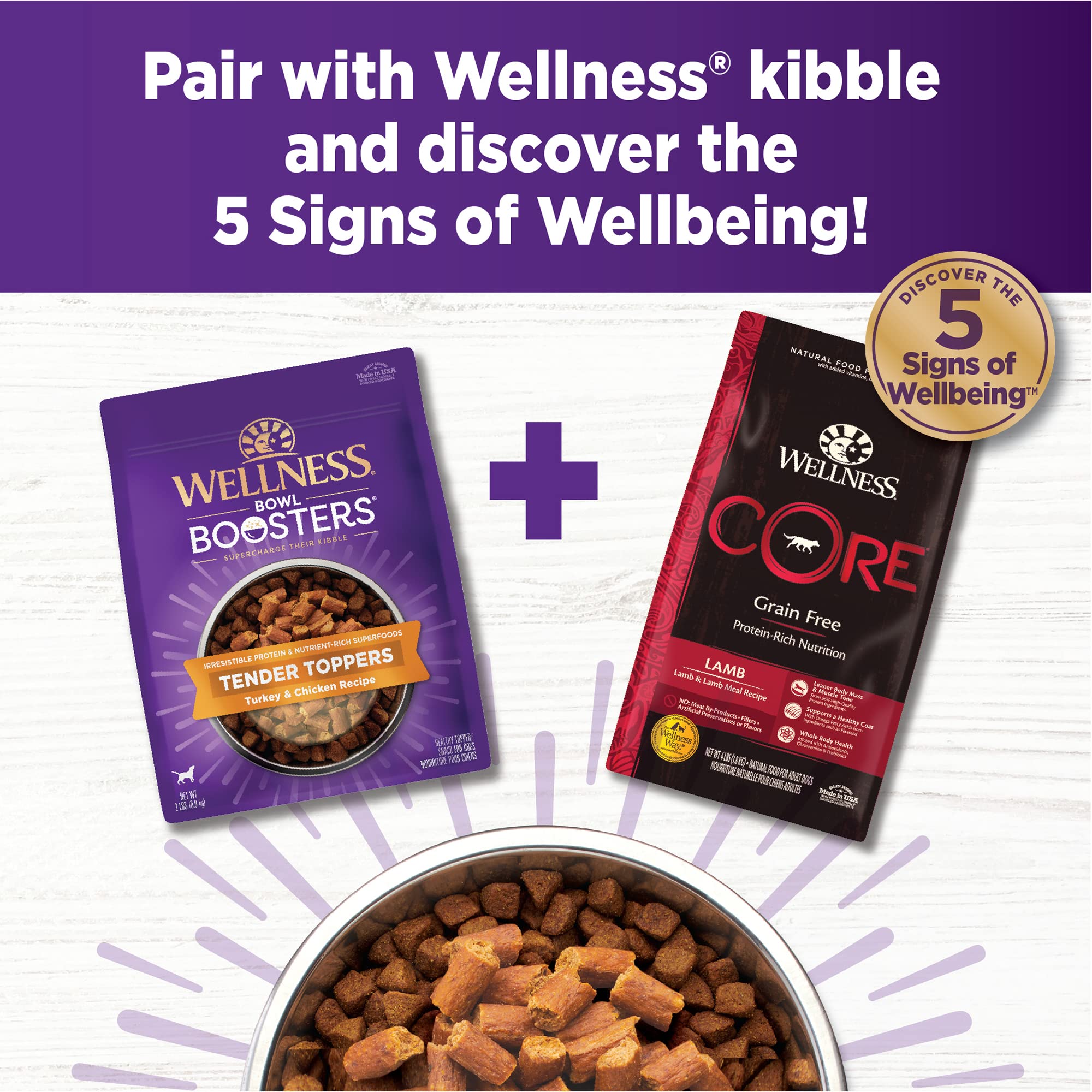 Wellness Bowl Boosters Tender Toppers vitaminas y omega, cuidan piel y pelaje.
