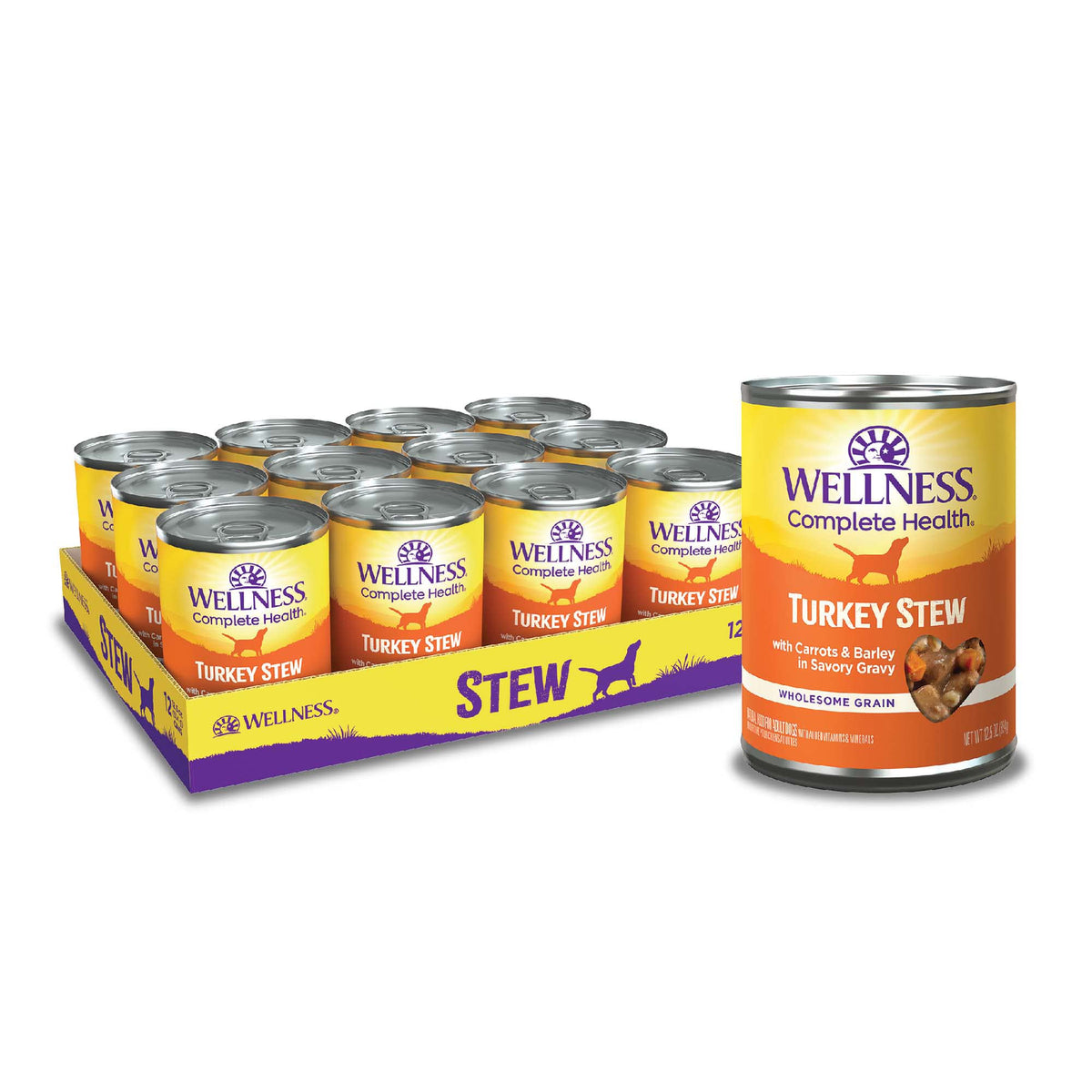 Wellness comida húmeda para perro con guiso de pavo en lata, nutrición completa diaria.