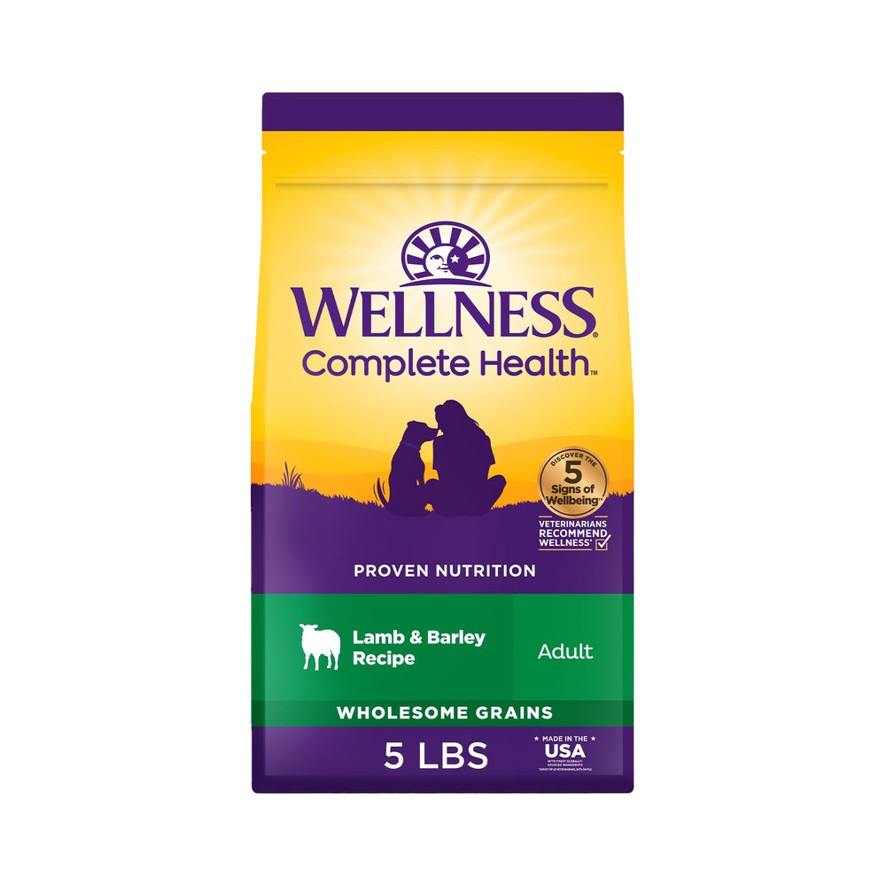 Wellness imagen de bolsa con comida seca para perros, cordero y cebada, fácil de usar.