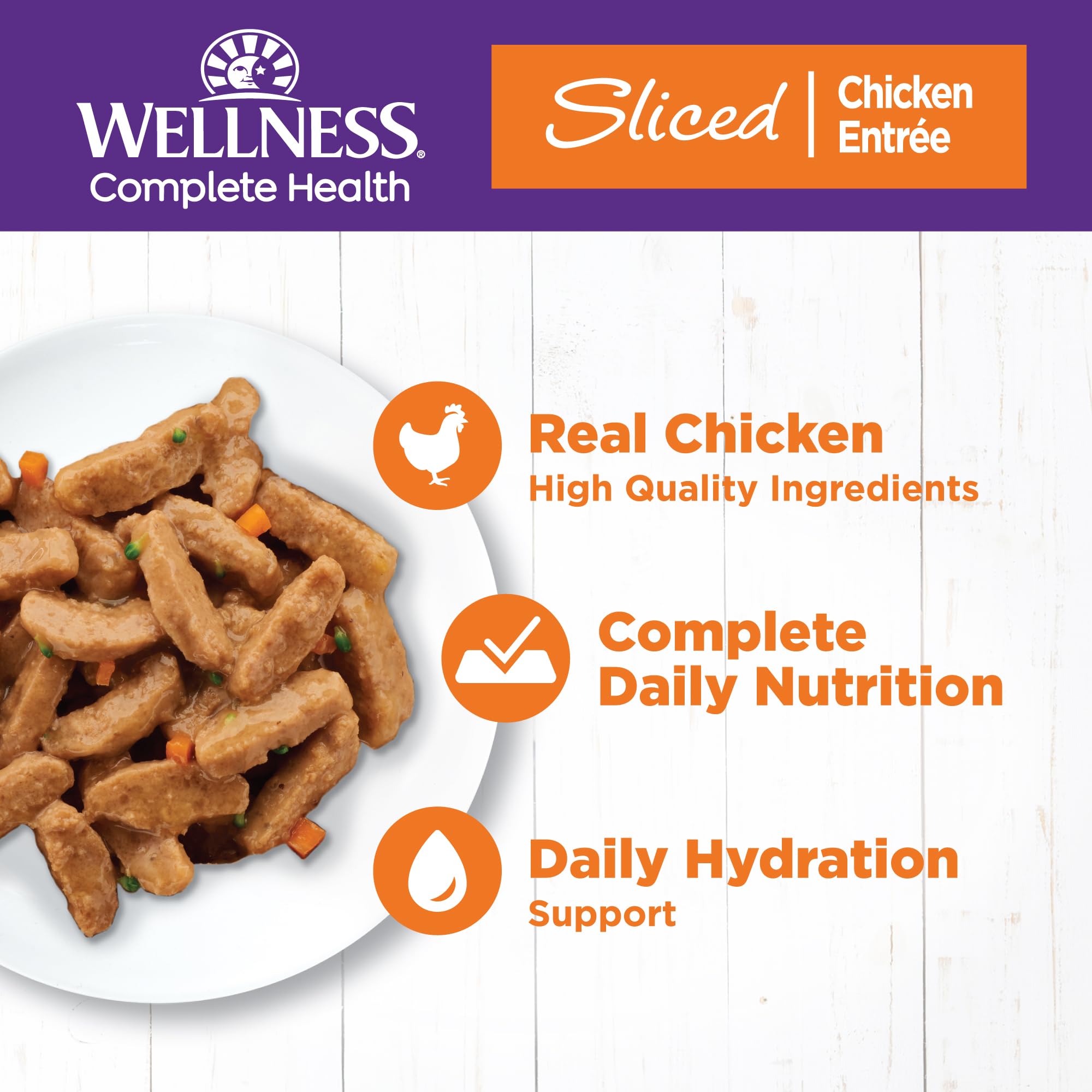 Wellness Complete Health entrante de pollo, porciones para gatos adultos.
