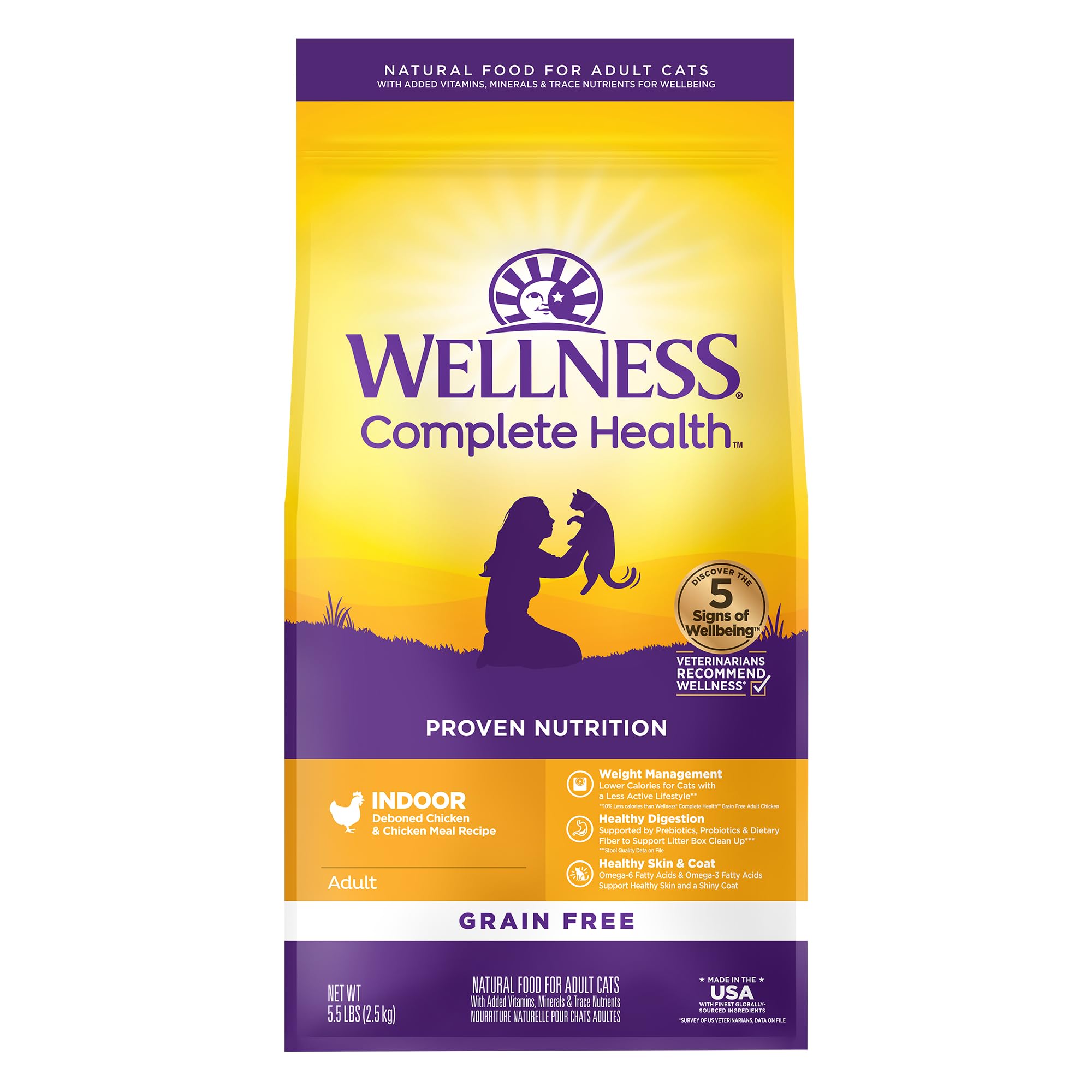 Wellness Complete Health para gatos de interior, comida seca sin granos con pollo para energía diaria.