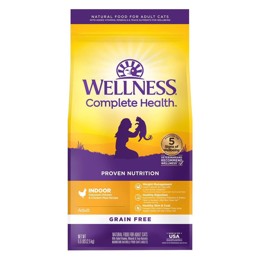 Wellness Complete Health para gatos de interior, comida seca sin granos con pollo para energía diaria.