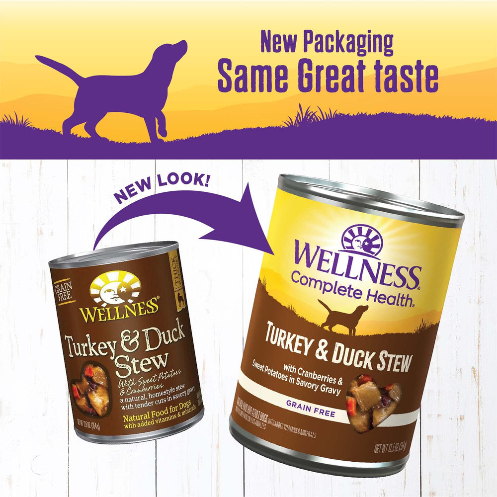 Wellness Complete Health, guiso perro pavo-pato, trozos jugosos para saborear cada plato.