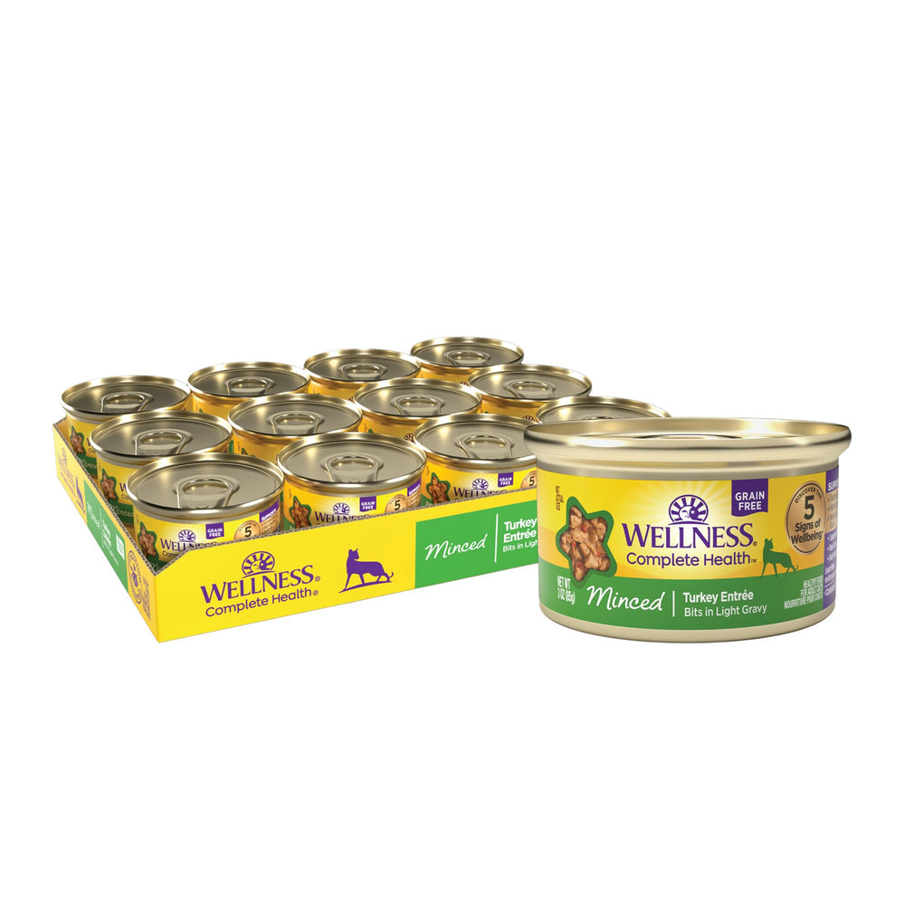 Wellness Complete Health trozos de pavo en lata para gatos adultos, proteína de alta calidad.