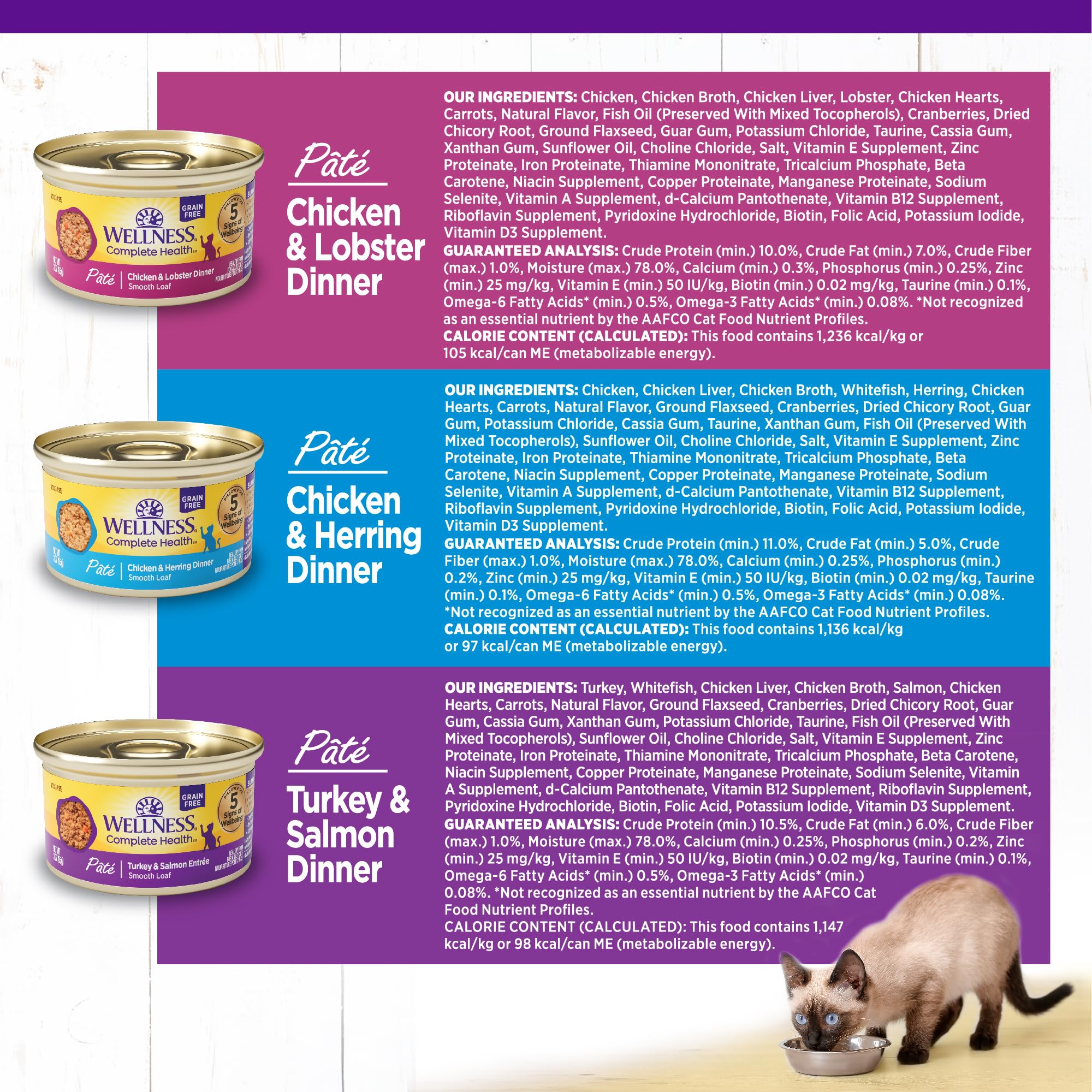 Paté de Wellness con pavo y salmón, combinación suave y nutritiva para gatos.