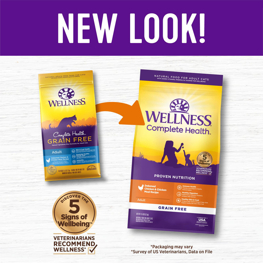 Textura crujiente de Wellness Complete Health, dientes sanos y pelaje saludable.