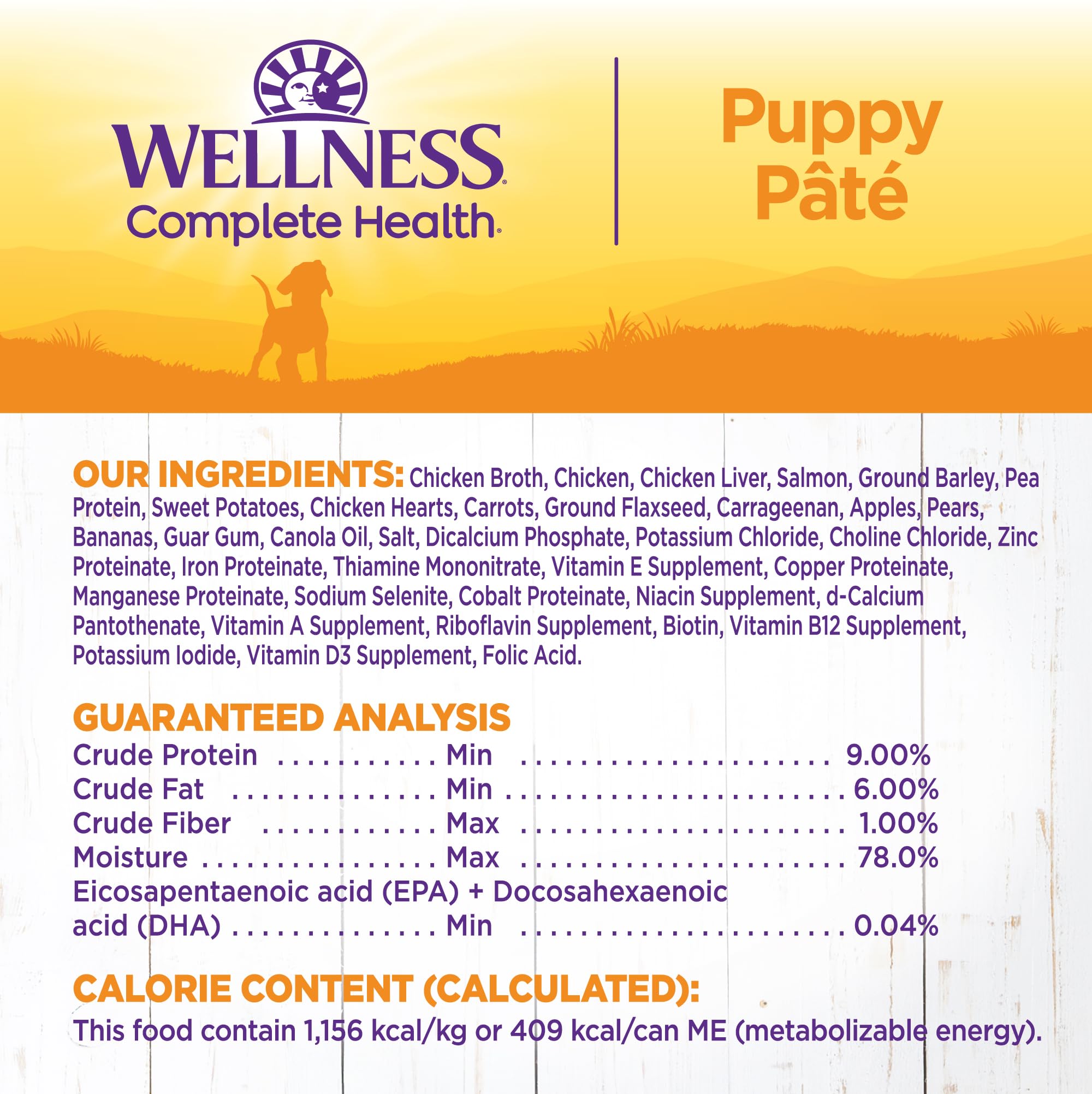 Wellness cachorros, sin maíz, trigo ni soya, ingredientes de alta calidad.