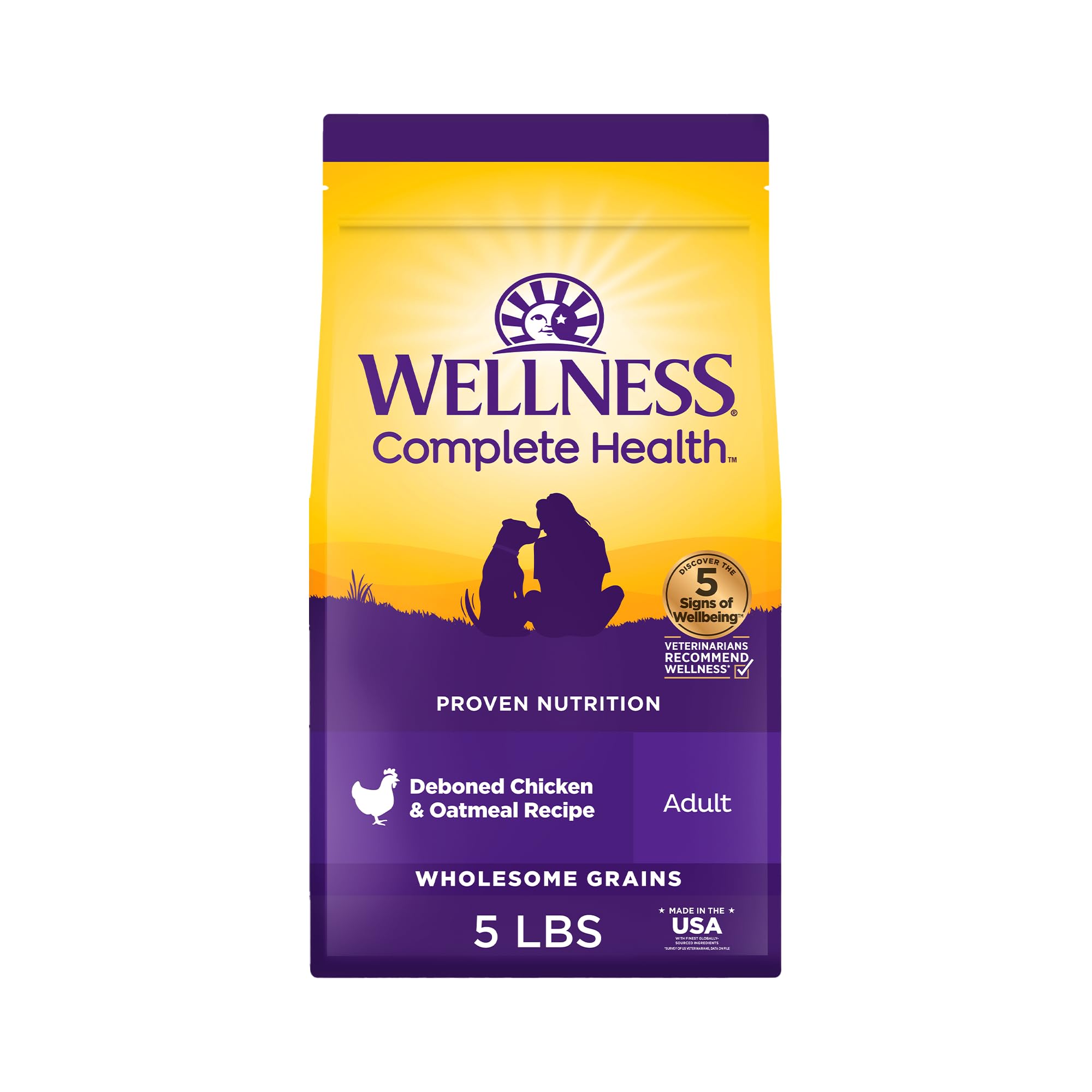 Wellness Complete Health, alimento seco para perros con pollo y avena, favorece salud general.