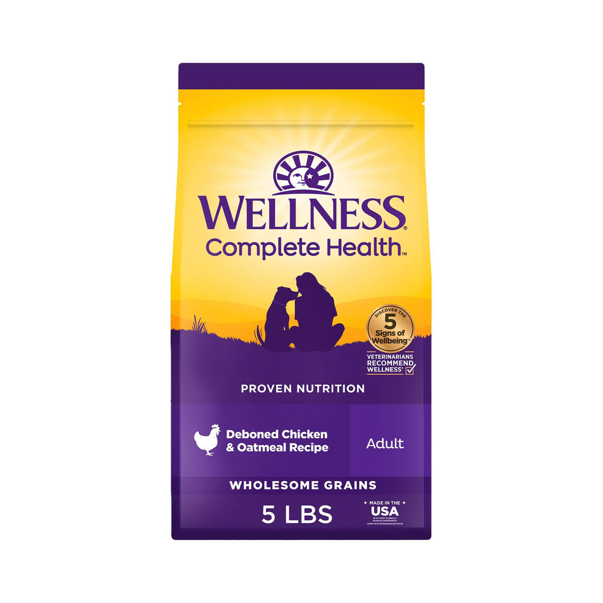Wellness Complete Health, alimento seco para perros con pollo y avena, favorece salud general.