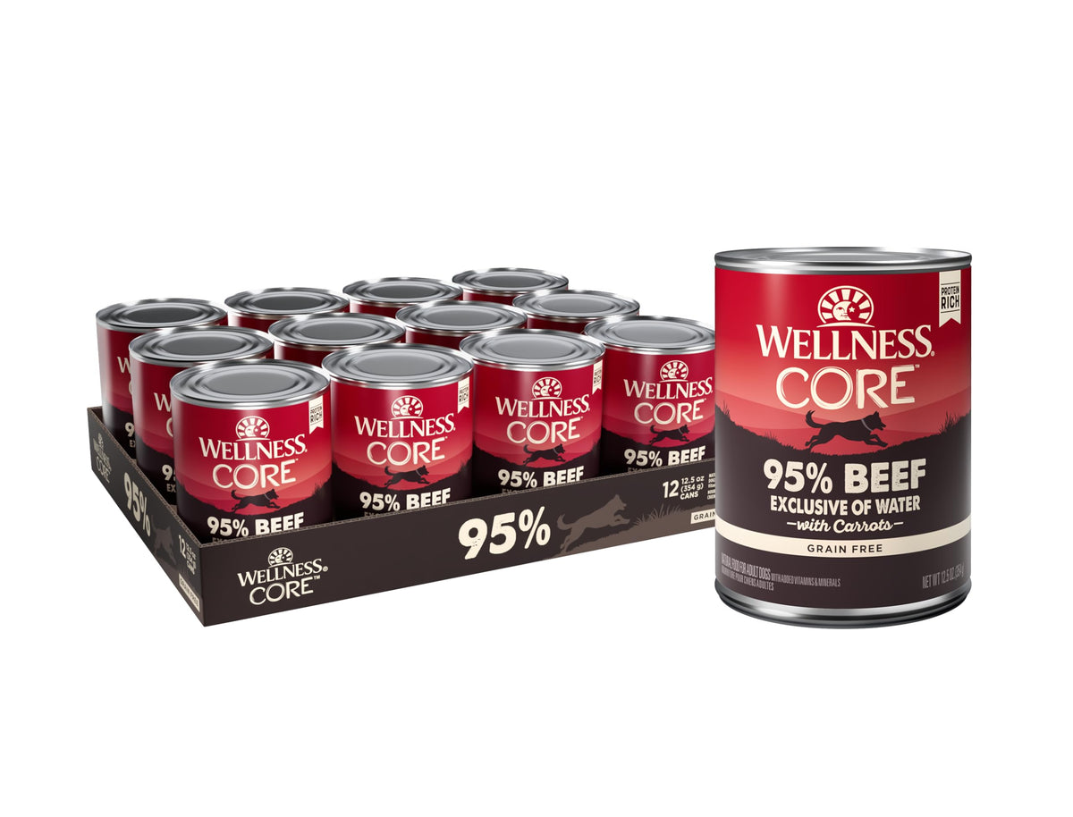Wellness CORE 95% Natural, alimento húmedo de res y zanahorias en lata para perros