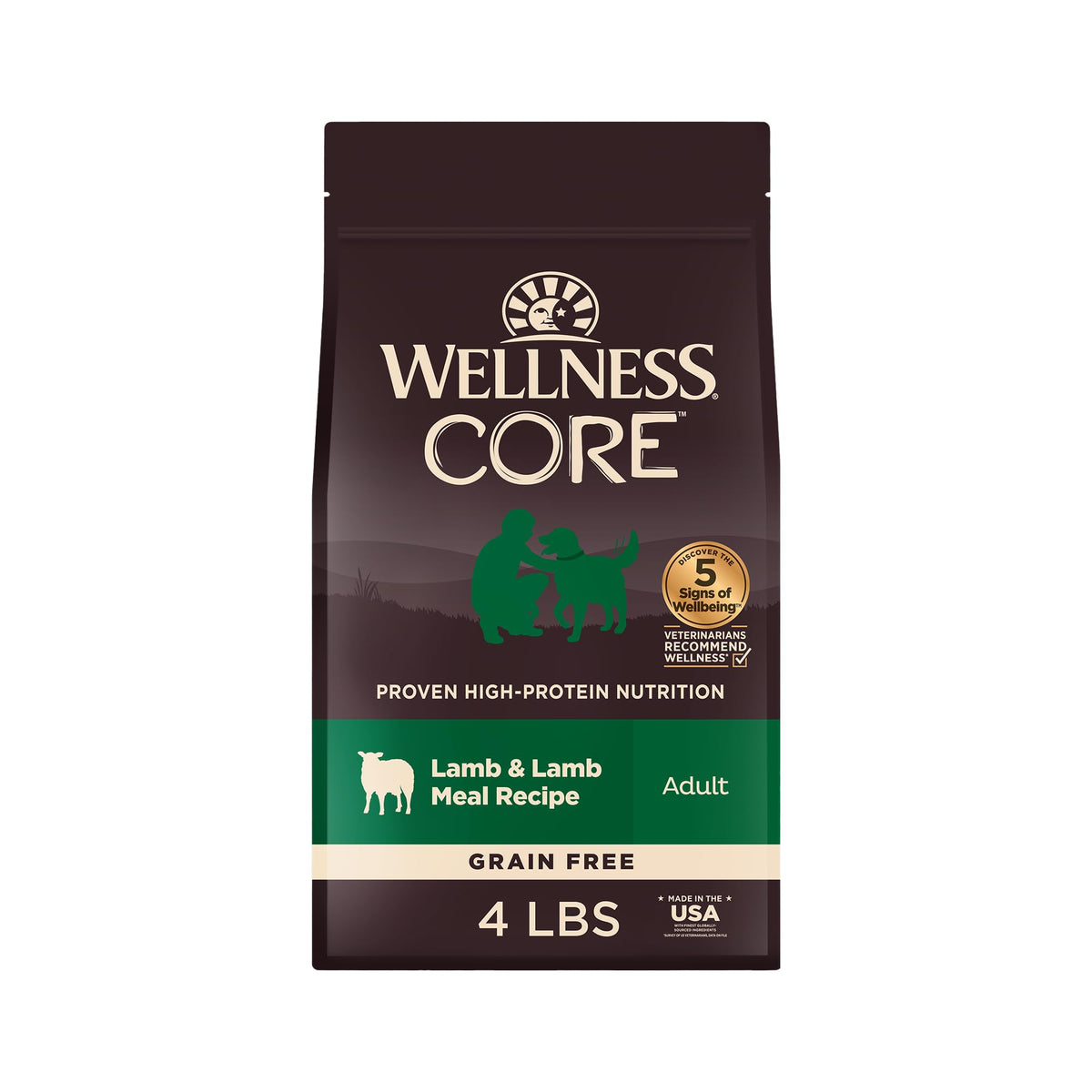 Wellness CORE alimento seco para perro sin granos, cordero adulto, apoyo nutricional completo.