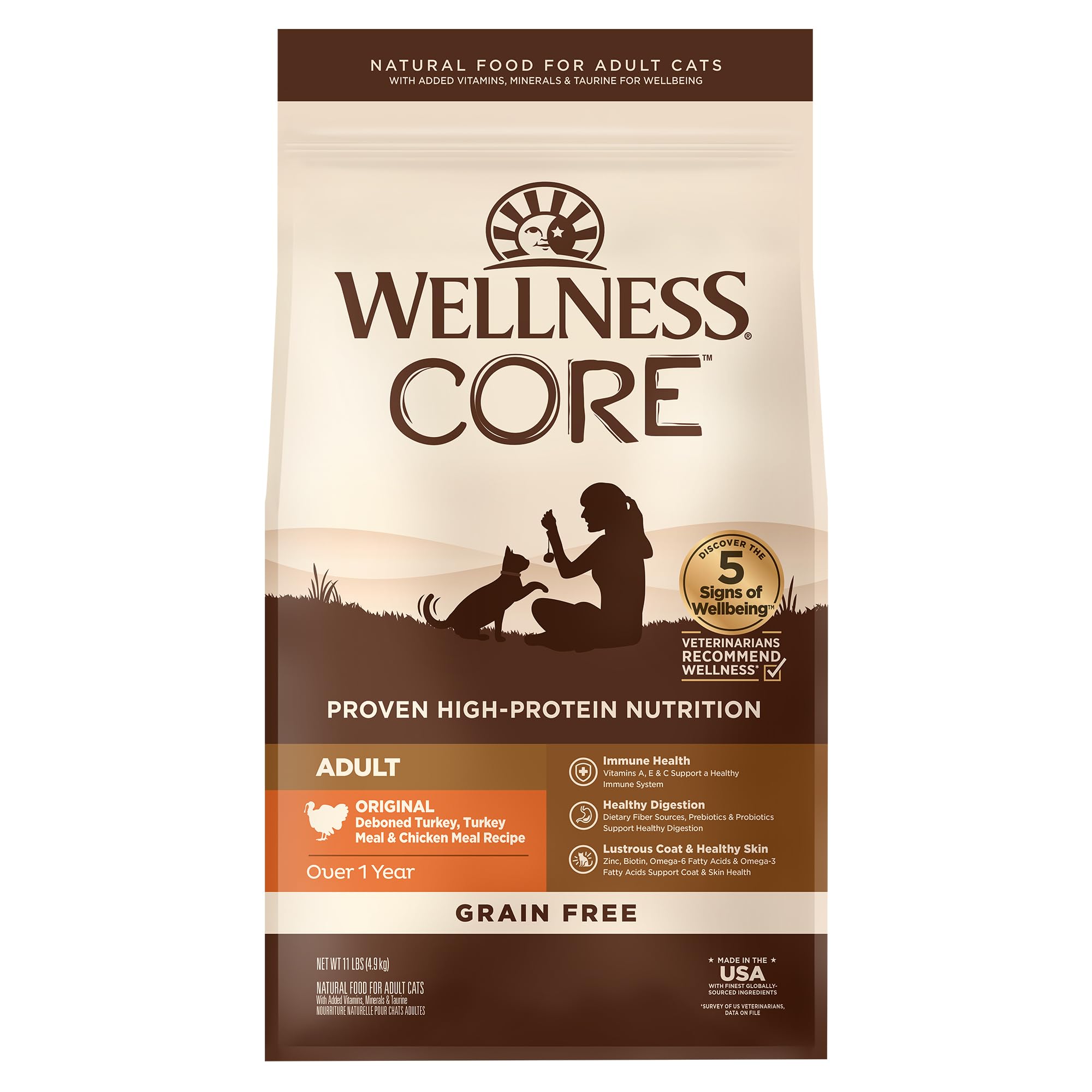 Wellness Core envase 11 lb para gatos adultos sin granos, apoyo a la salud general