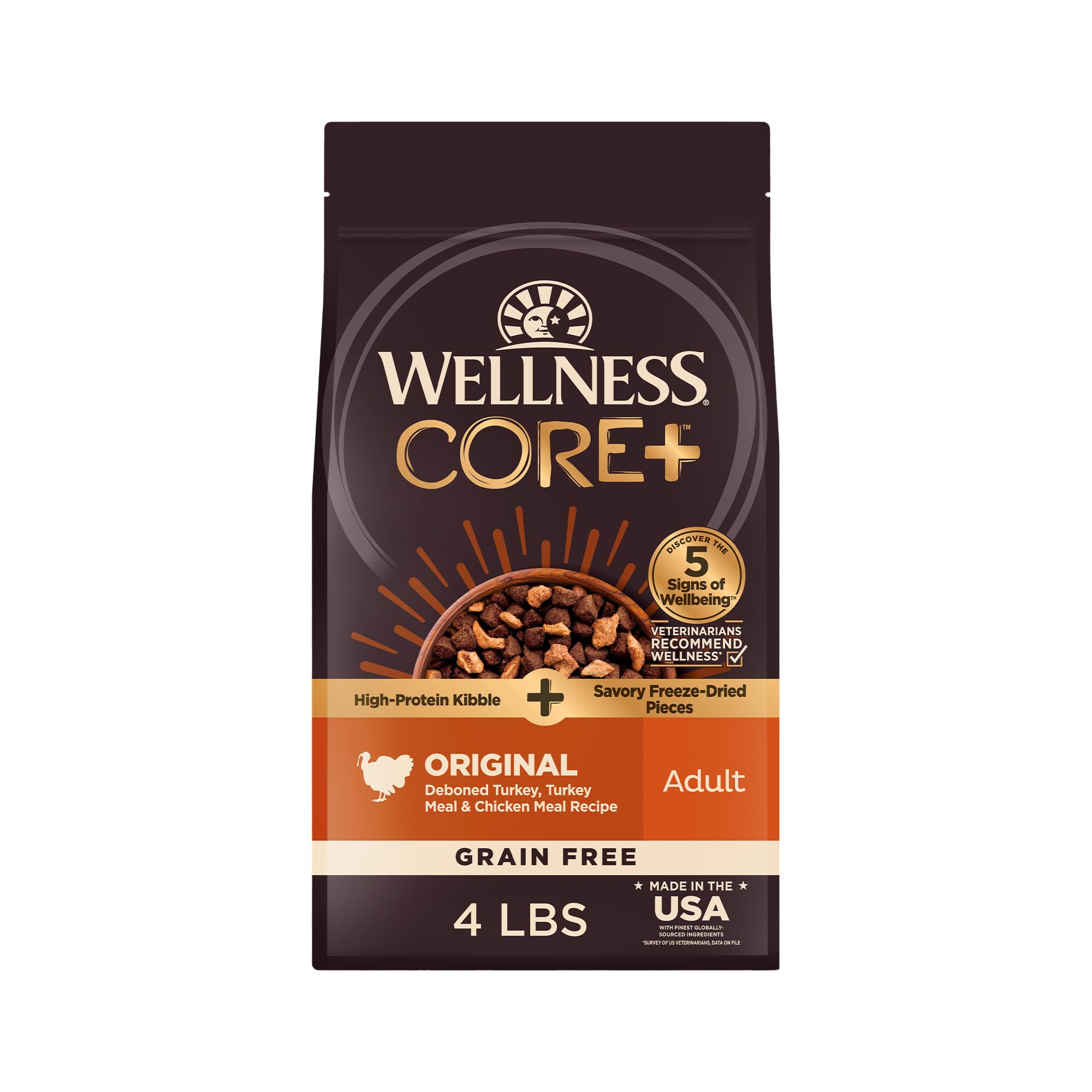 Wellness CORE+ alimento seco para perro sin granos, ideal para dieta equilibrada.