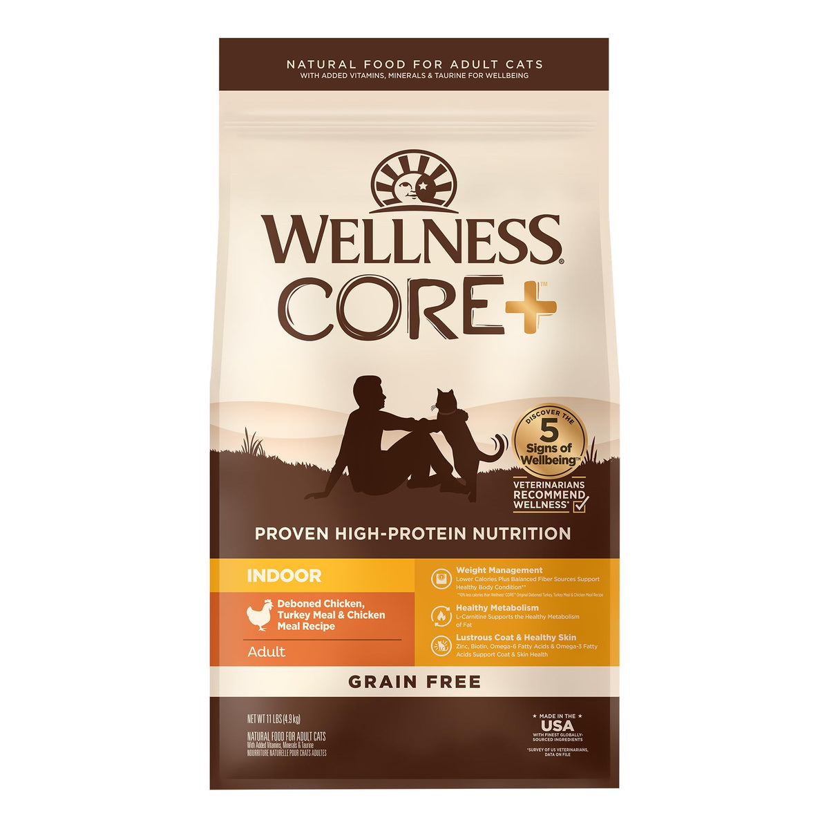 Wellness CORE+ alimento seco para gatos adultos interiores con pavo y pollo, proteína de alta calidad.
