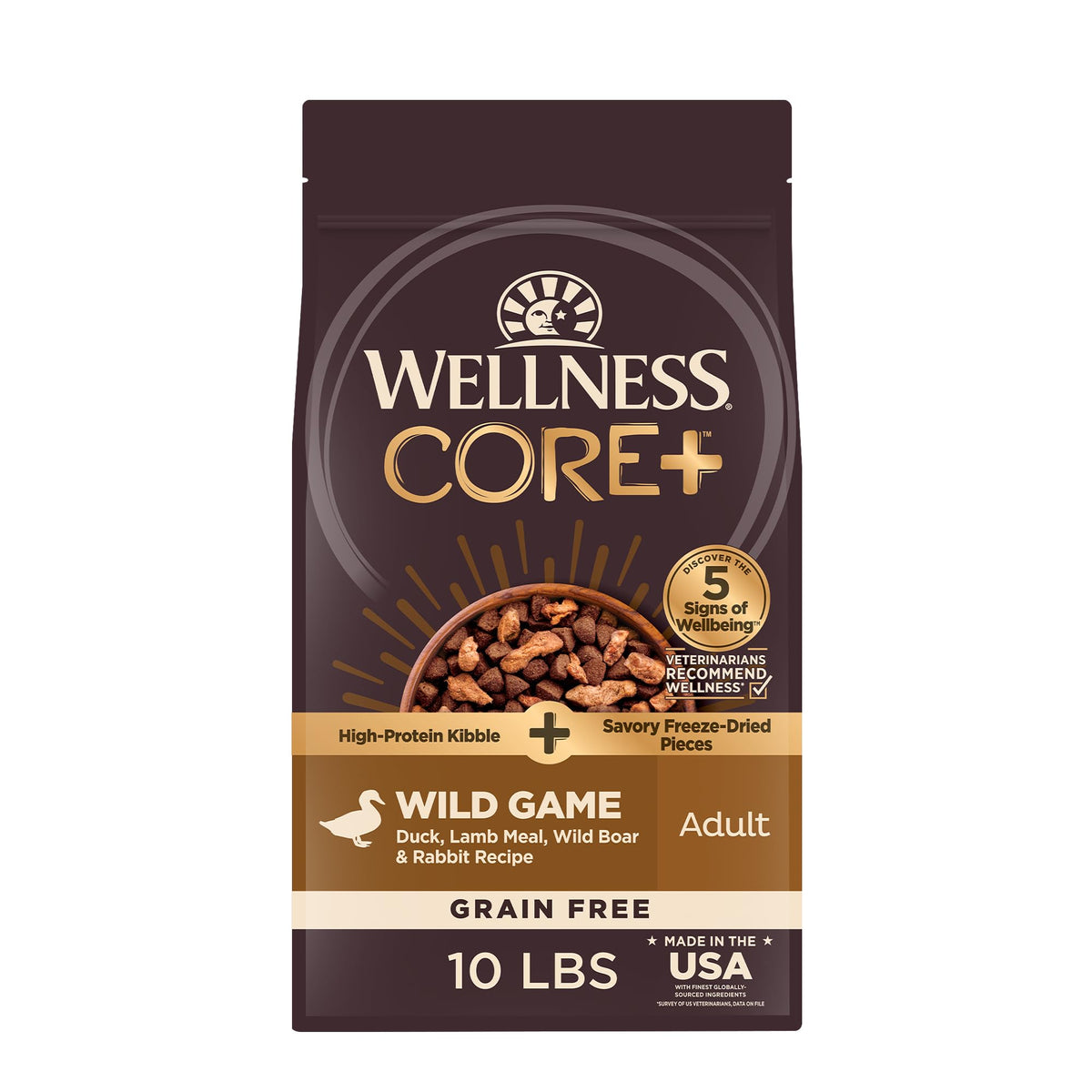 Wellness CORE+ alimento seco para perros, envase frontal, alto en proteínas