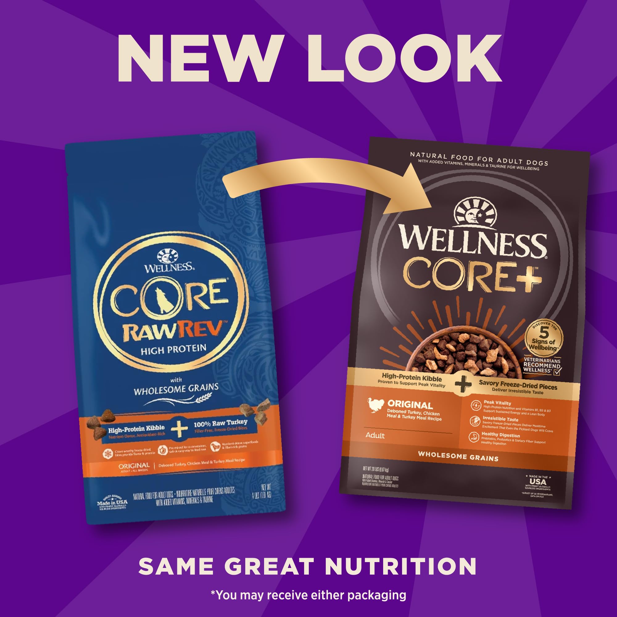 Croquetas con granos enteros y proteína alta en Wellness CORE+ para perros activos.
