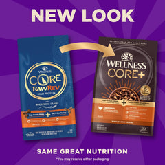 Croquetas con granos enteros y proteína alta en Wellness CORE+ para perros activos.