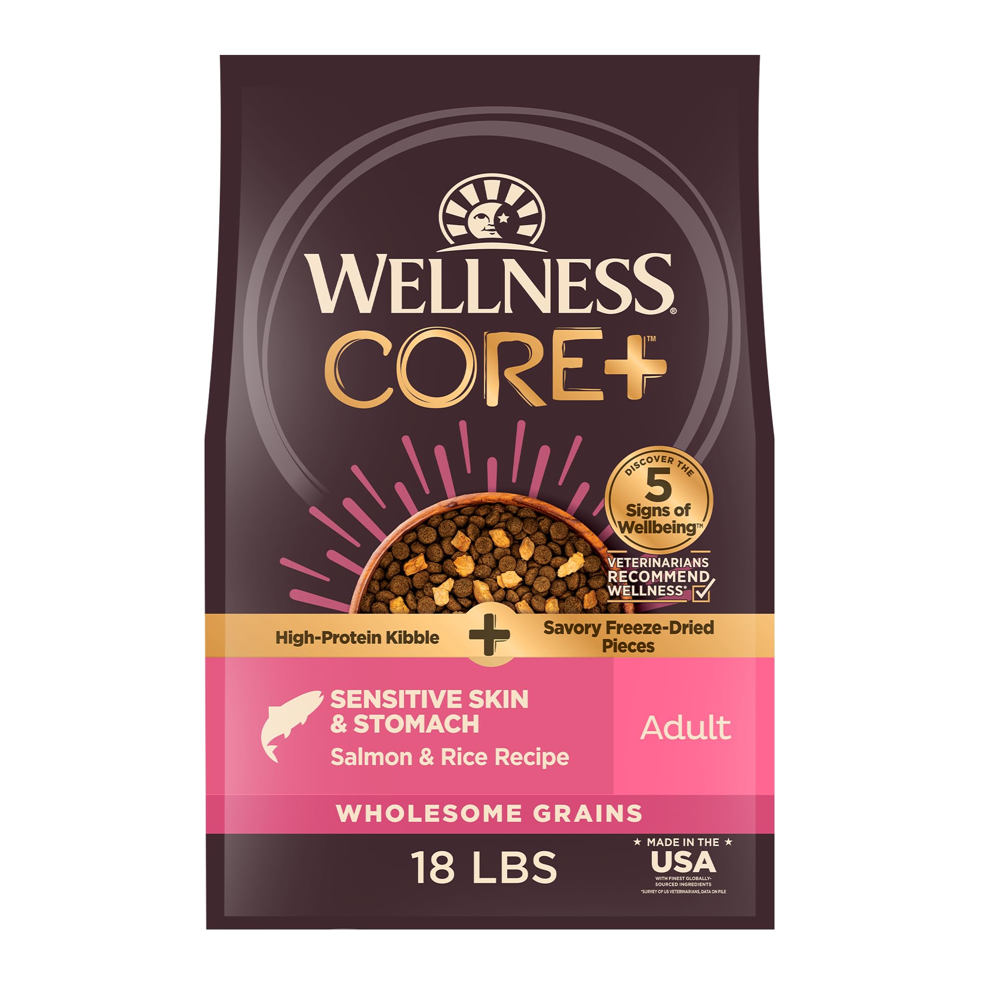 Wellness CORE+ croquetas secas con salmón y arroz para nutrición equilibrada.