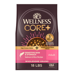 Wellness CORE+ croquetas secas con salmón y arroz para nutrición equilibrada.