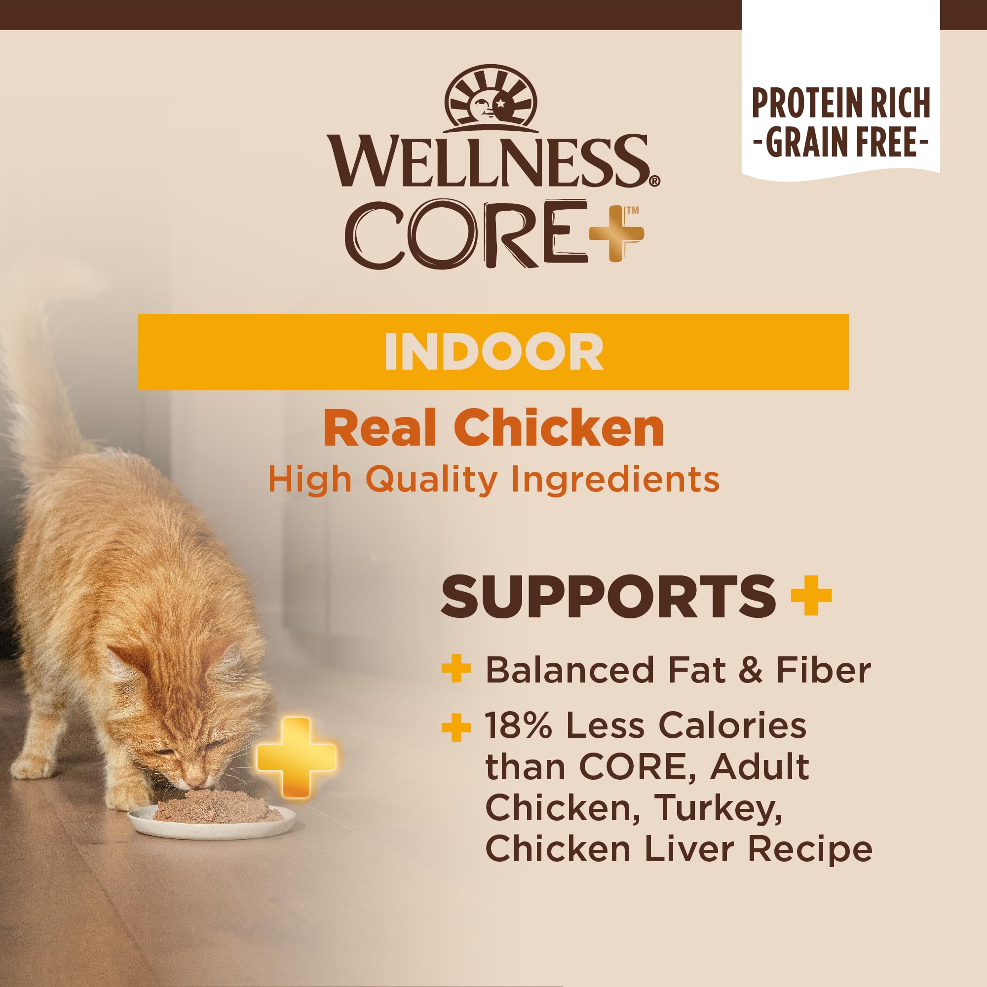 Wellness CORE+ Indoor Pate para gatos, contiene atún y tilapia para nutrición equilibrada.