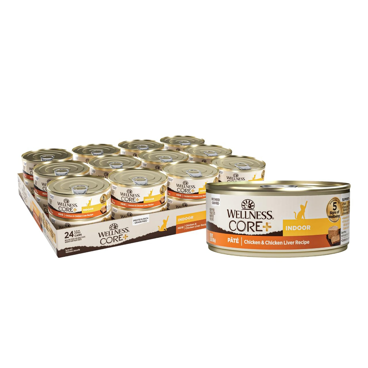 Wellness CORE+ Indoor Pate: frente de lata, proteína de alta calidad para gatos activos.