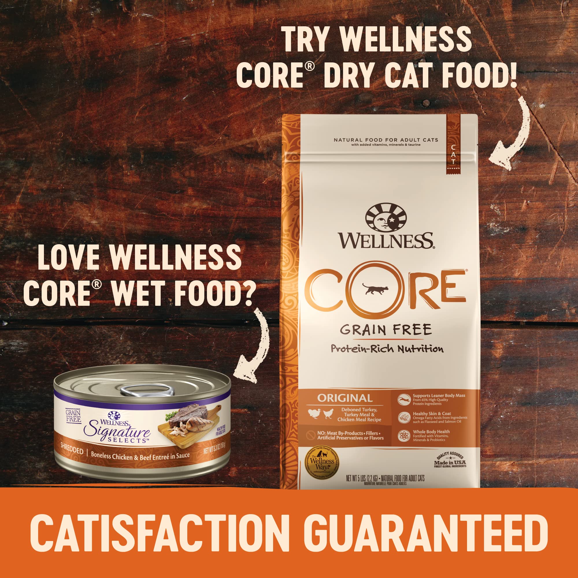 Wellness CORE Signature Selects desmenuzado trozos pollo-pavo, textura atractiva para paladar felino.
