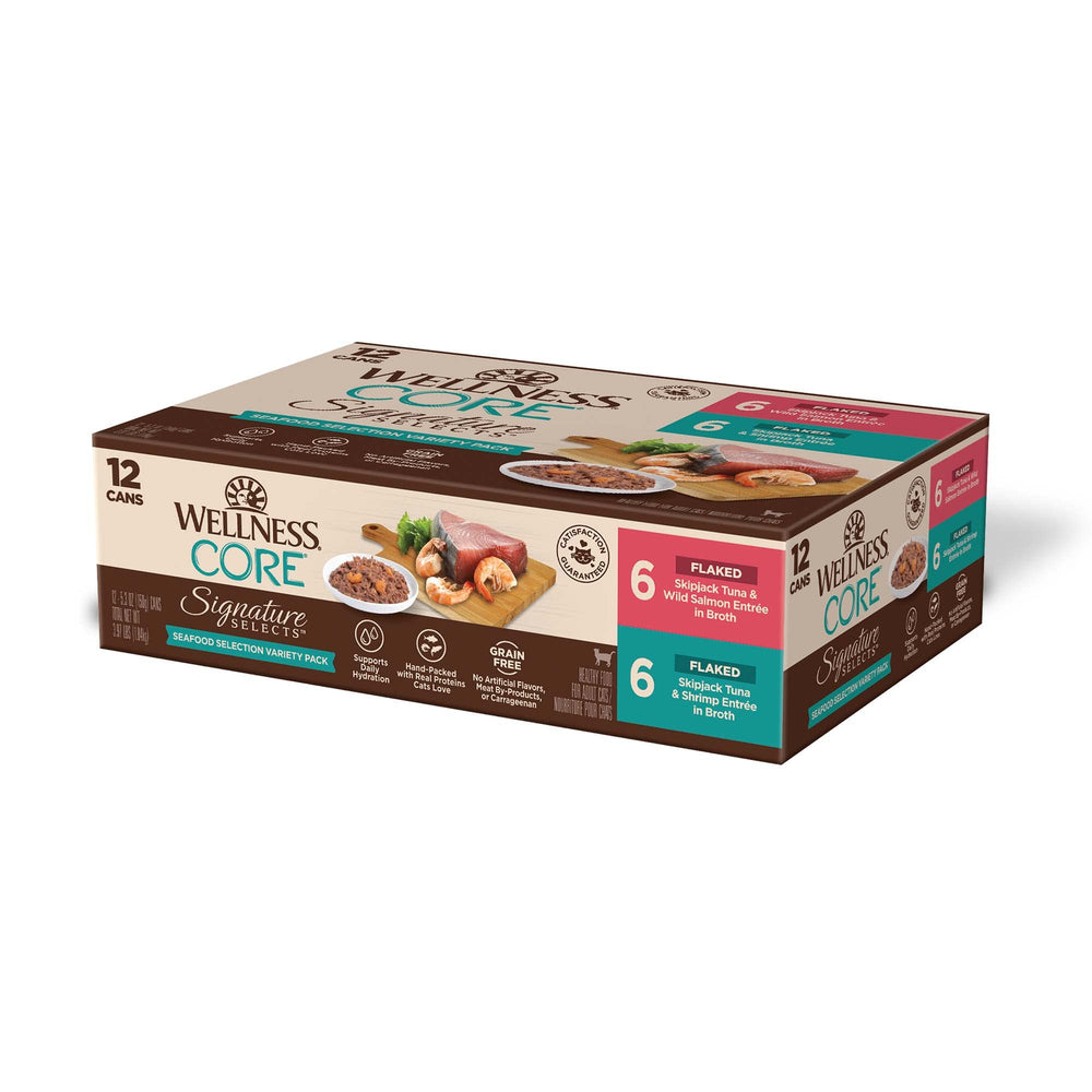 Wellness CORE Signature Selects, lata de mariscos en salsa, variedad sabrosa para su gato.