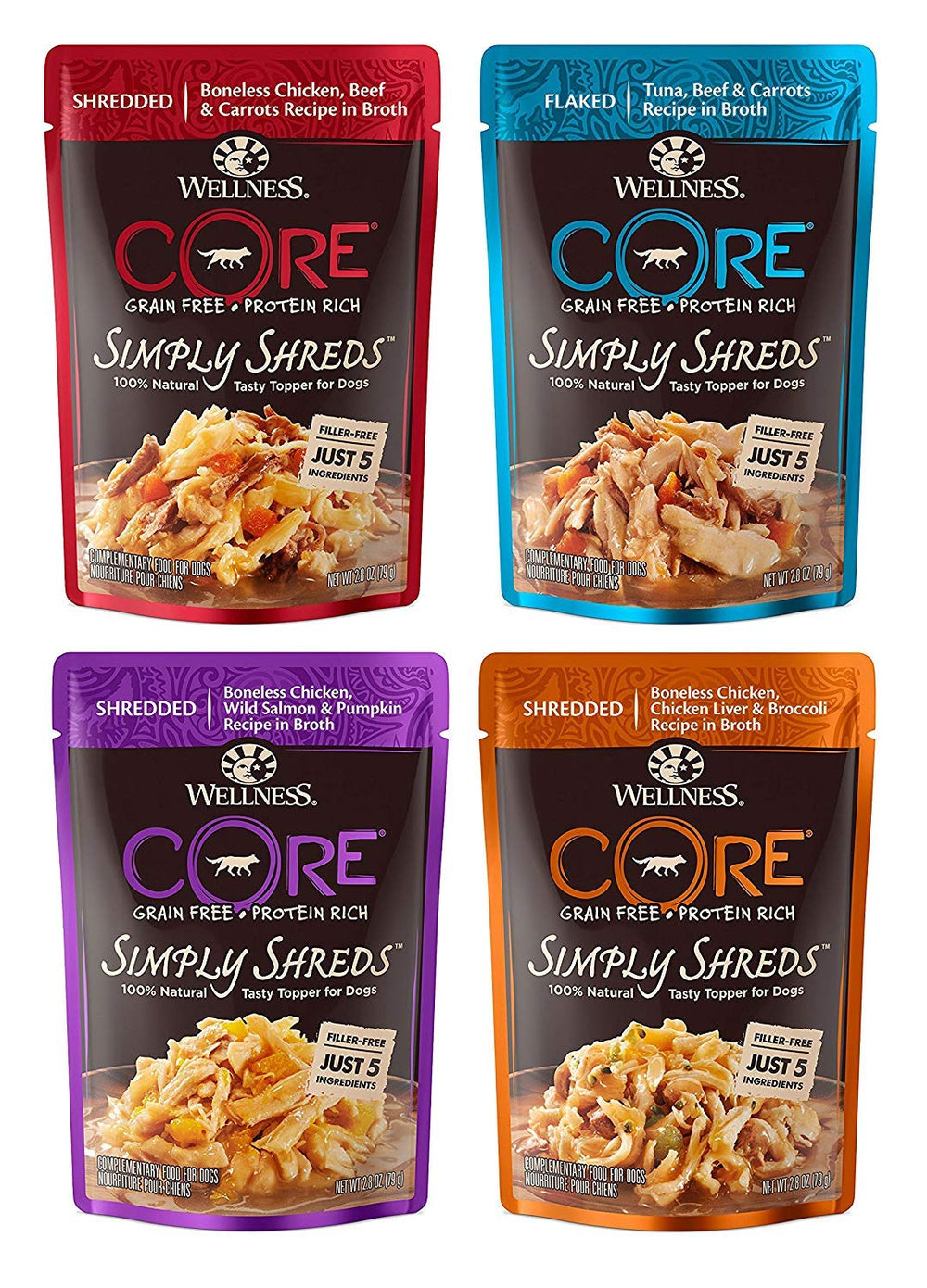 Wellness CORE Simply Shreds: variedad de sabores en sobres, complemento ideal para comidas.