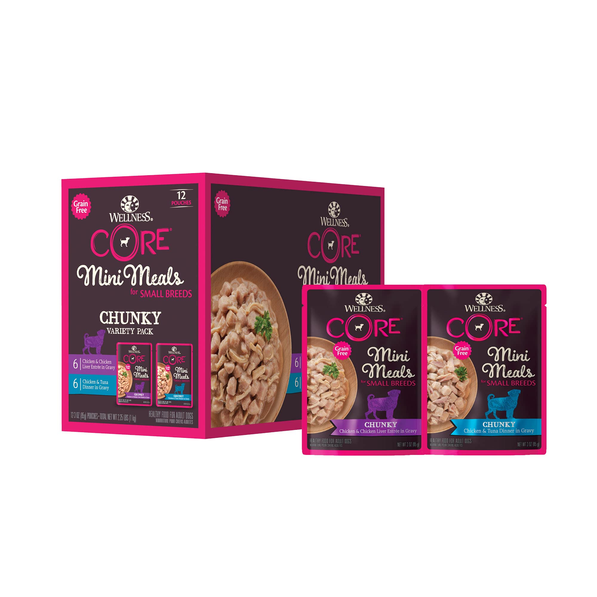 Wellness Core sin granos mini comidas, sobres prácticos para perros pequeños.