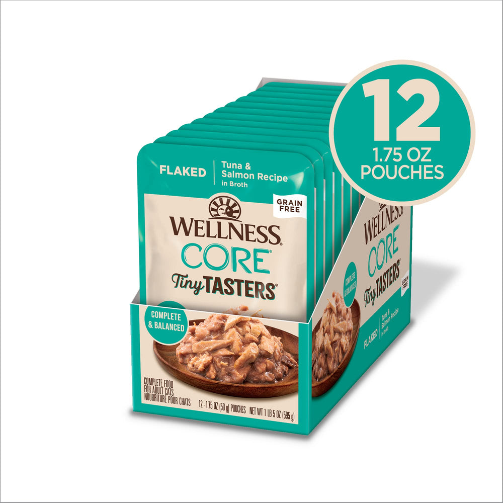 Wellness CORE Tiny Tasters copos de atún salmón para nutrición proteica.
