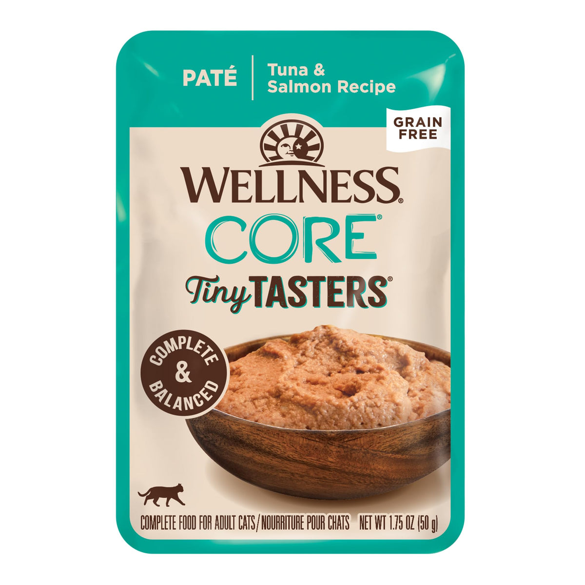 Wellness CORE Tiny Tasters paté de atún y salmón en bolsa de 1.75 oz para gatos adultos.