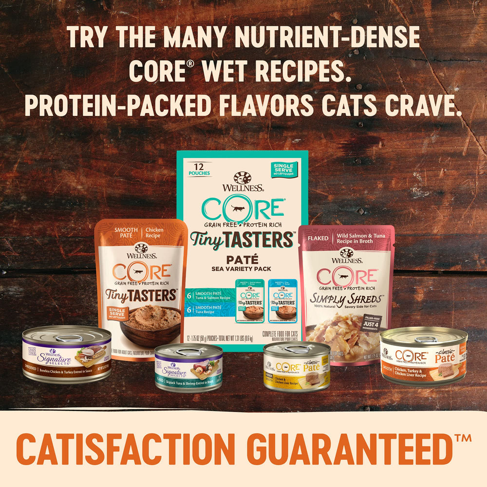 Wellness CORE Tiny Tasters paté sedosa, textura atractiva para gatos.