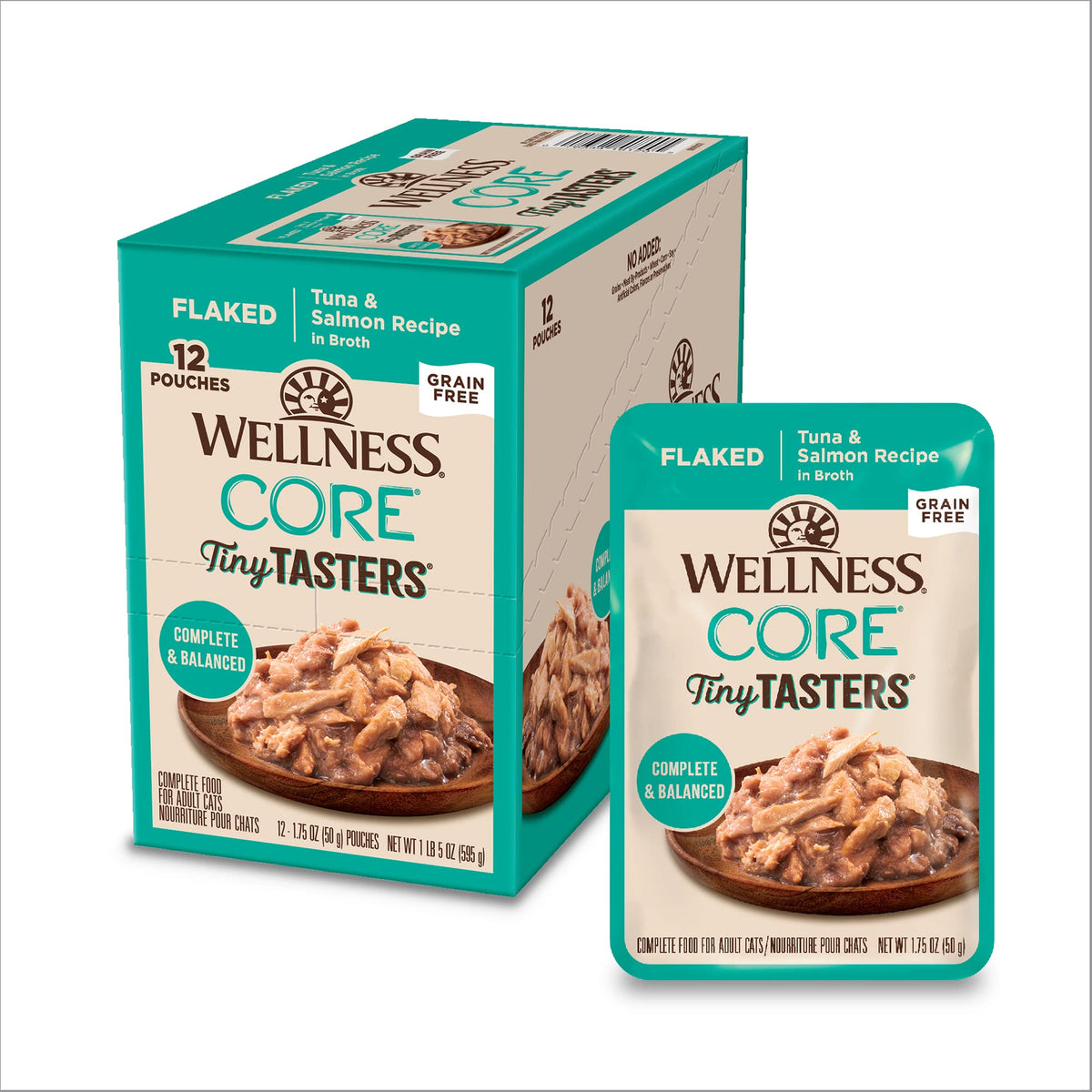 Wellnes CORE Tiny Tasters porción única en bolsa para servir rápidamente.
