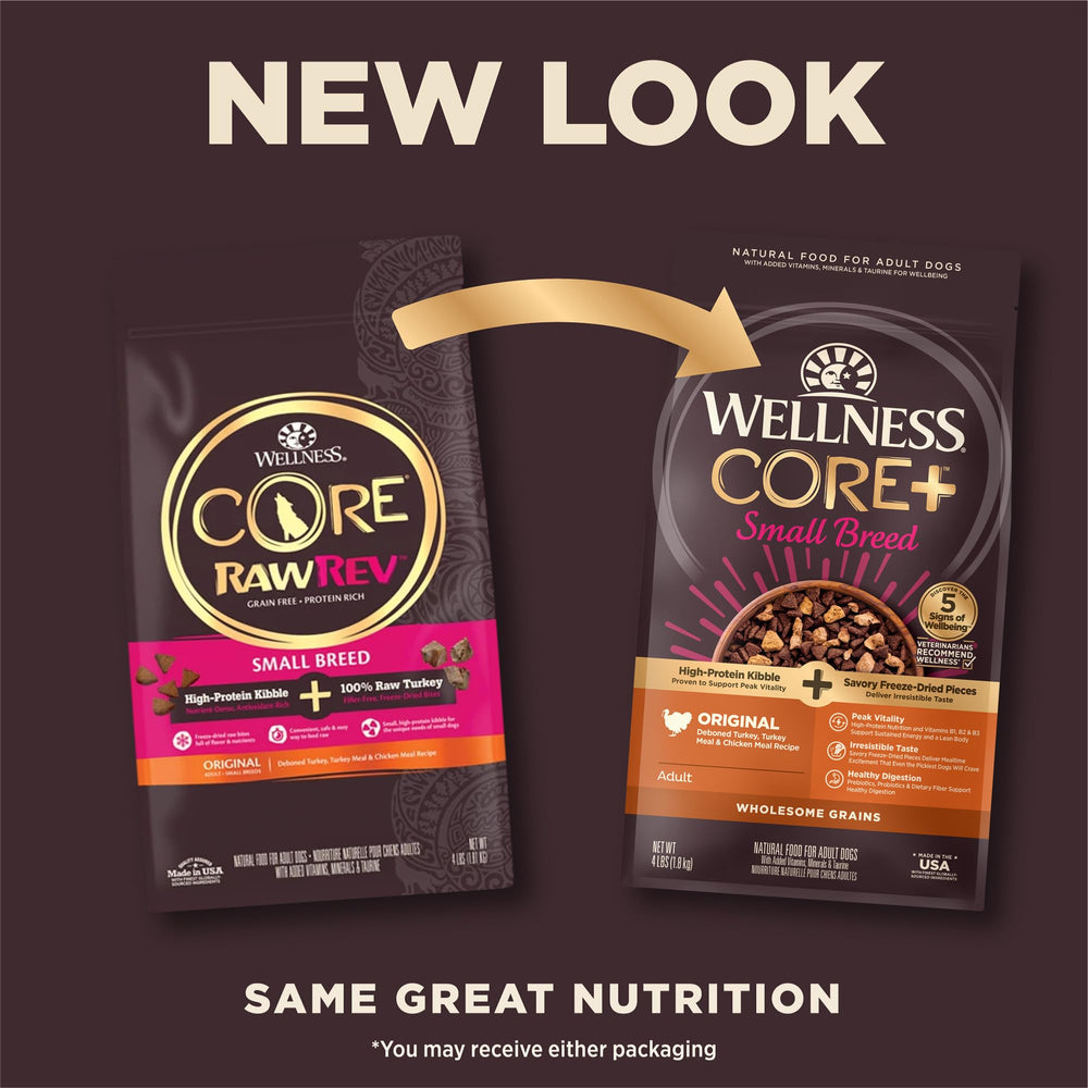 Wellness CORE+ croquetas para perros pequeños, alto contenido proteico para energía diaria.