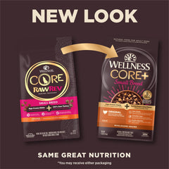 Wellness CORE+ croquetas para perros pequeños, alto contenido proteico para energía diaria.