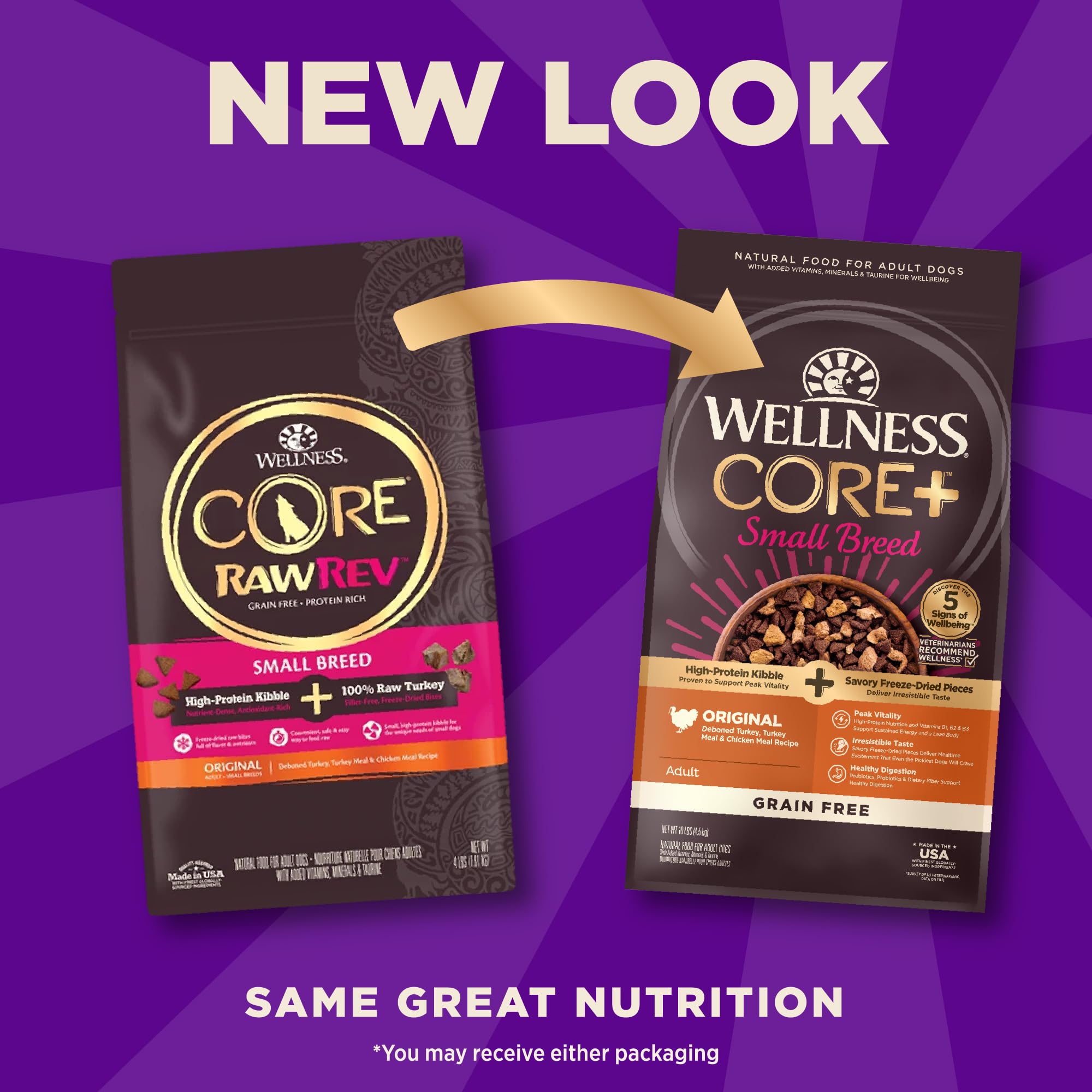 Wellness CORE+ fórmula sin cereales para digestión más suave y energía sostenida.